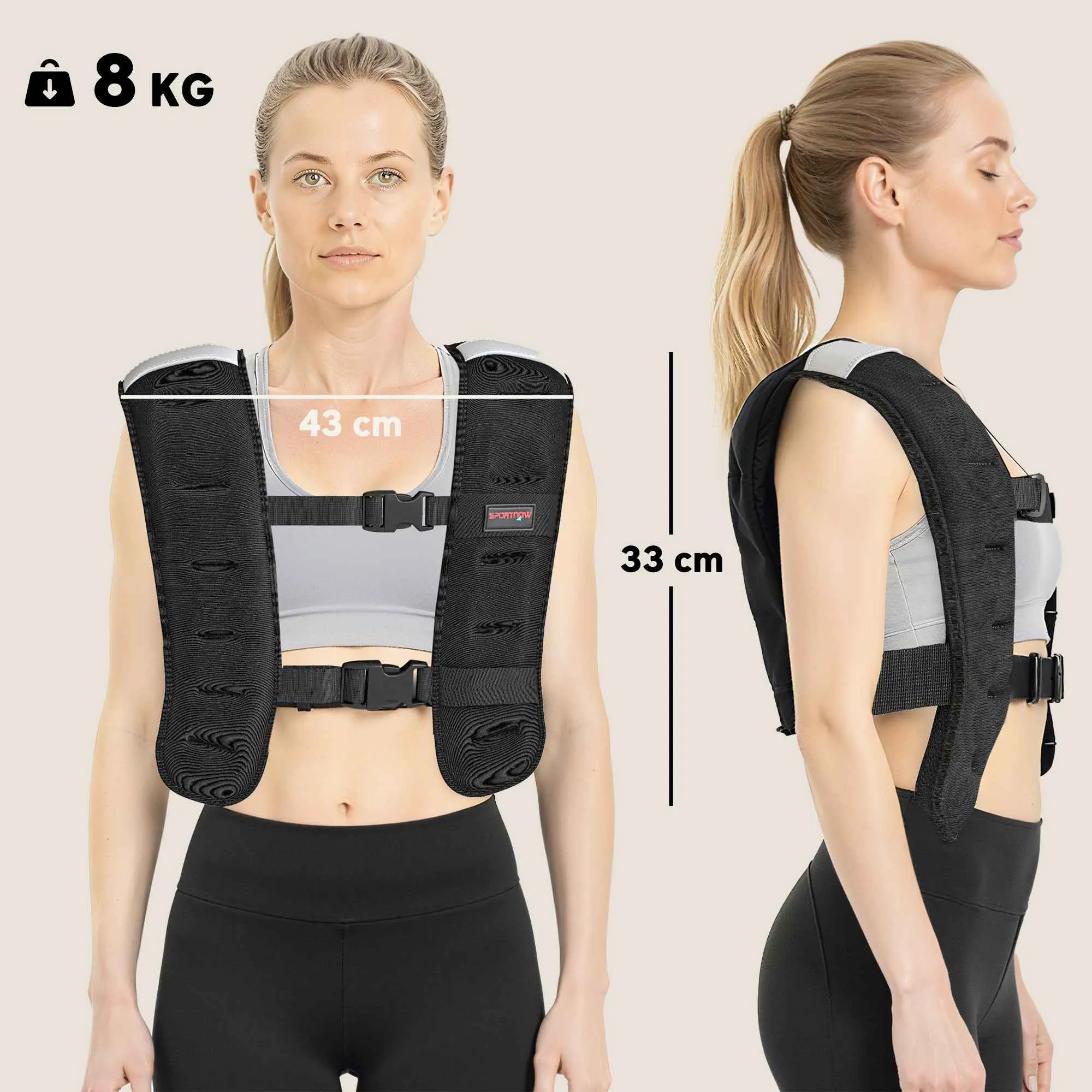 SPORTNOW Weighted Vest 8 kg with Adjustable Straps and Reflective Strips, in Neoprene and Sand, 43x33 cm, Black - Image 3