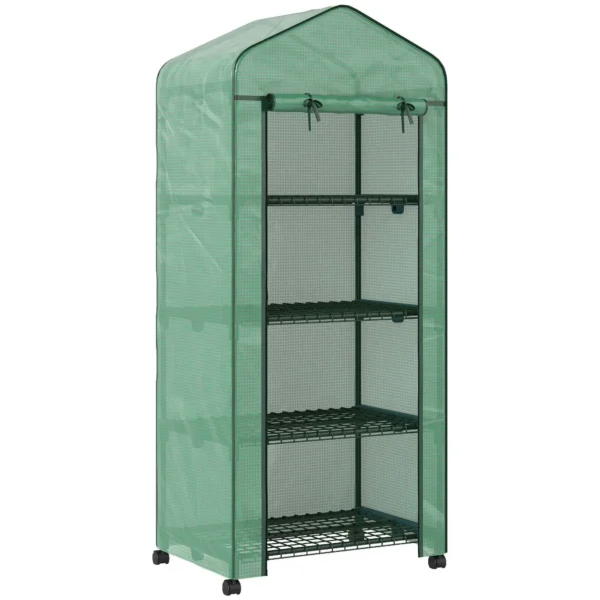 Outsunny 4-Tier Balcony Greenhouse with 4 Wheels and Roll-Up Entrance, Steel and PE, 69x50x165 cm, Green
