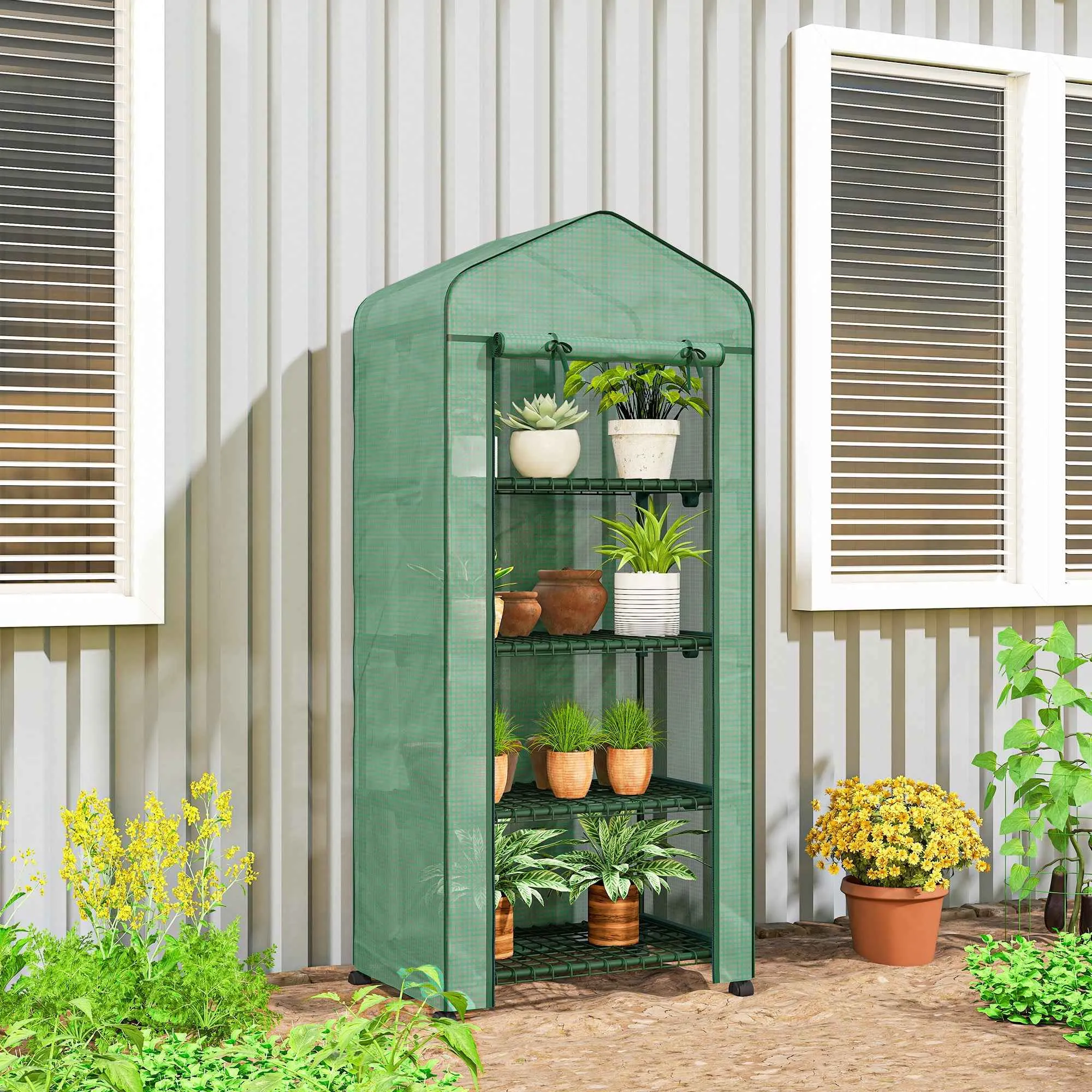 Outsunny 4-Tier Balcony Greenhouse with 4 Wheels and Roll-Up Entrance, Steel and PE, 69x50x165 cm, Green - Image 2
