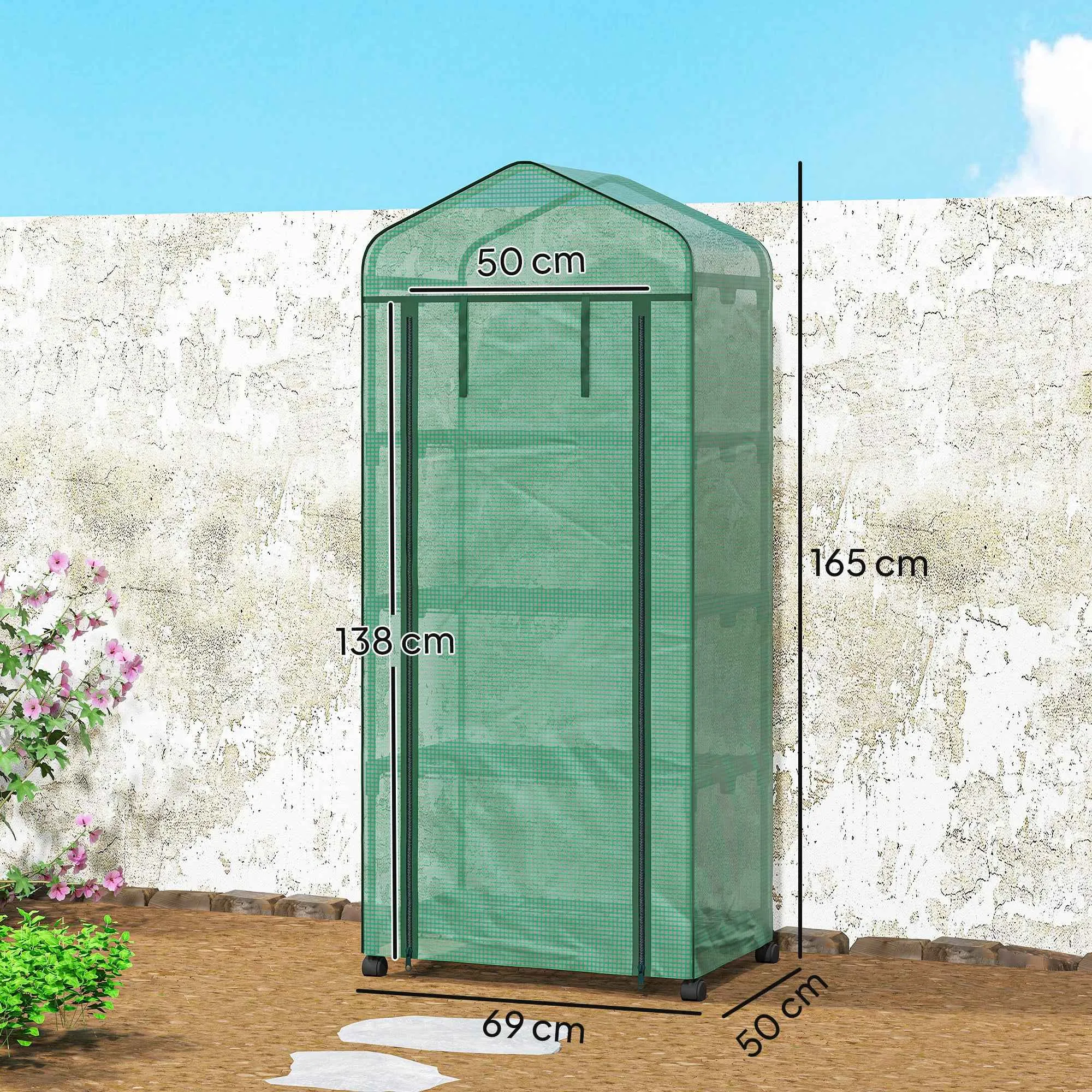 Outsunny 4-Tier Balcony Greenhouse with 4 Wheels and Roll-Up Entrance, Steel and PE, 69x50x165 cm, Green - Image 3