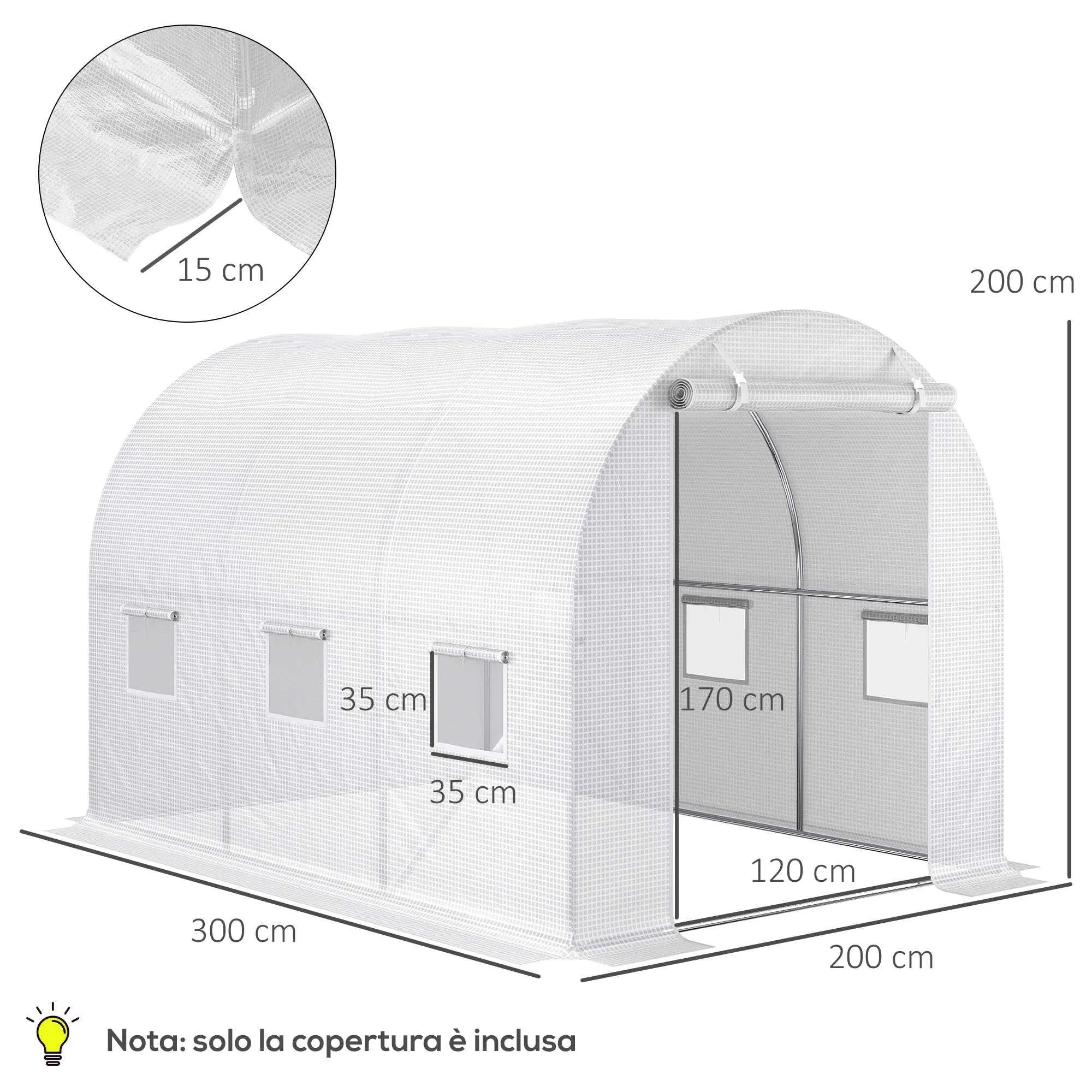 Outsunny PE Greenhouse Cover with 6 Windows, Roll-Up Door and Buried Edges, 3x2x2 m, White - Image 3