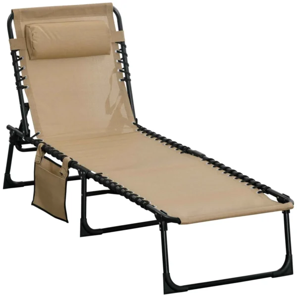 Outsunny Folding Garden Lounger with 5-Position Reclining Backrest and Cushion, 185x58x30cm, Beige
