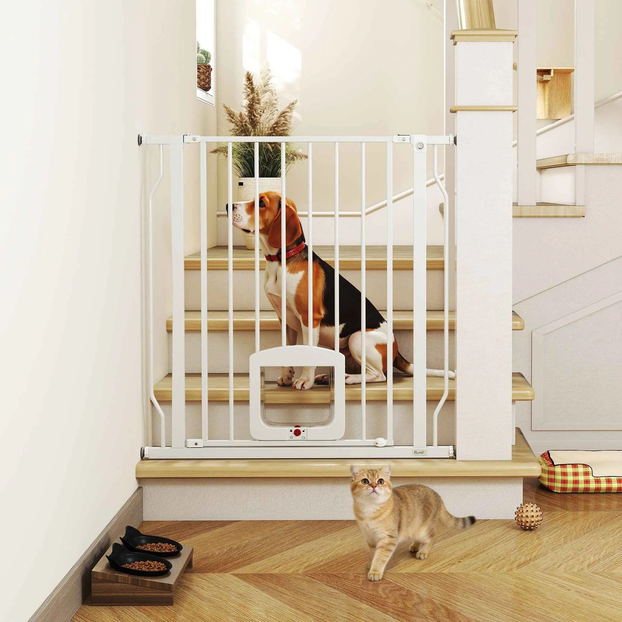 PawHut Extendable Dog and Cat Gate with Integrated Cat Flap, Steel and ABS, 75-85x2x76 cm, White - Image 2