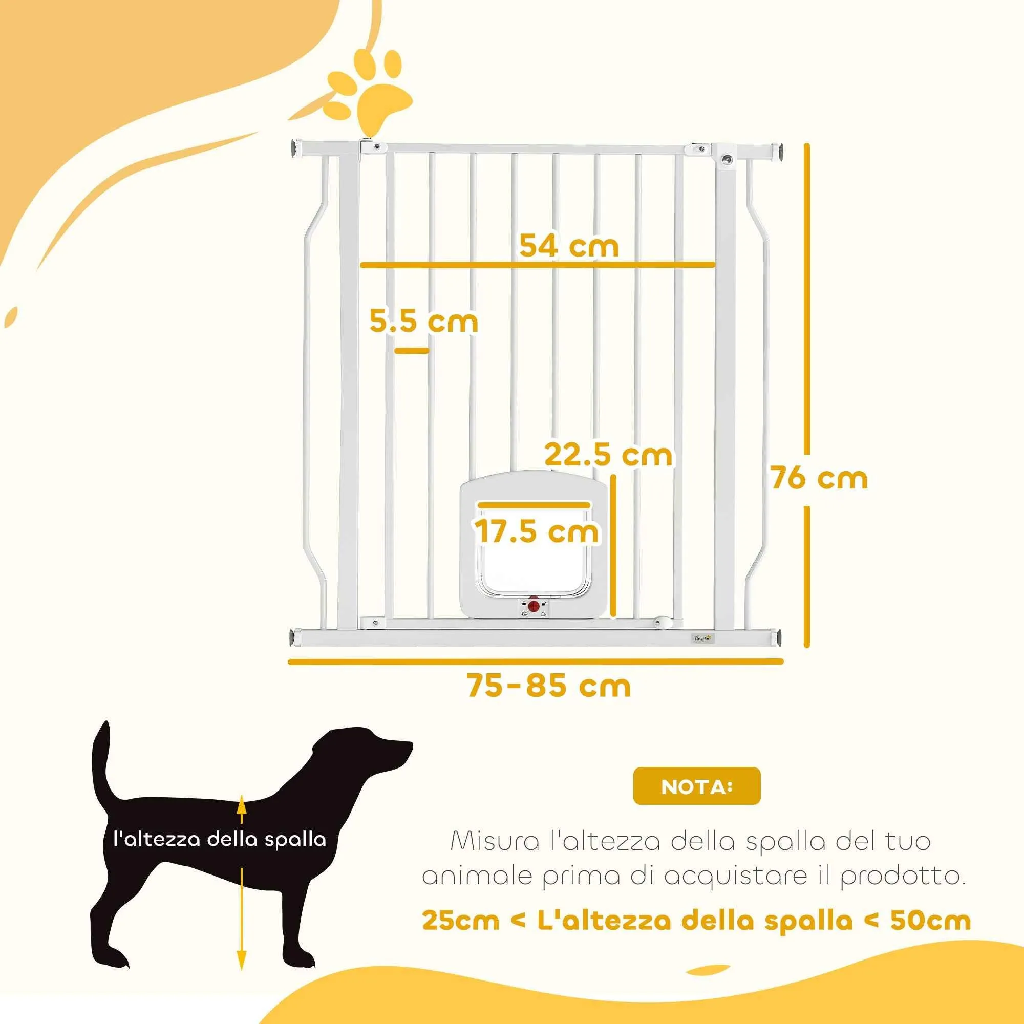 PawHut Extendable Dog and Cat Gate with Integrated Cat Flap, Steel and ABS, 75-85x2x76 cm, White - Image 3