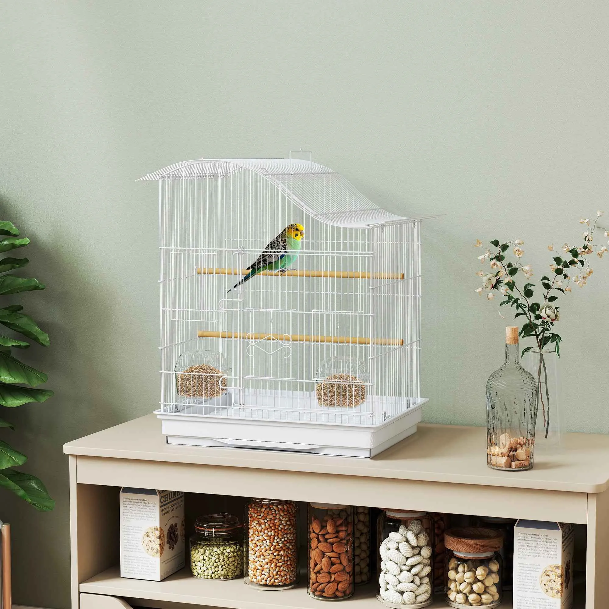 PawHut 4-Door Bird Cage with 2 Bowls, 2 Perches and Tray, Metal and Plastic, 47.5x36x54.5 cm, White - Image 2