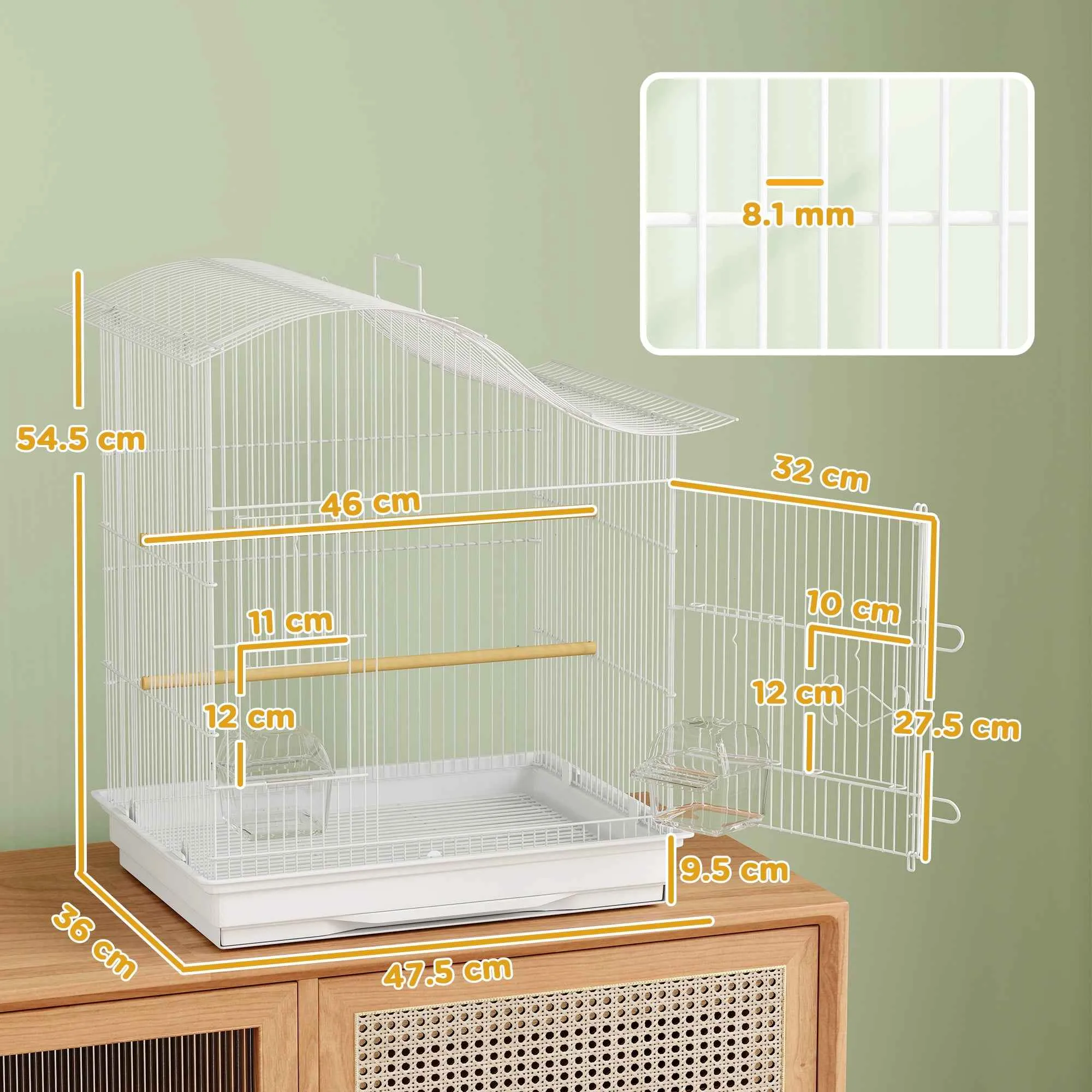 PawHut 4-Door Bird Cage with 2 Bowls, 2 Perches and Tray, Metal and Plastic, 47.5x36x54.5 cm, White - Image 3