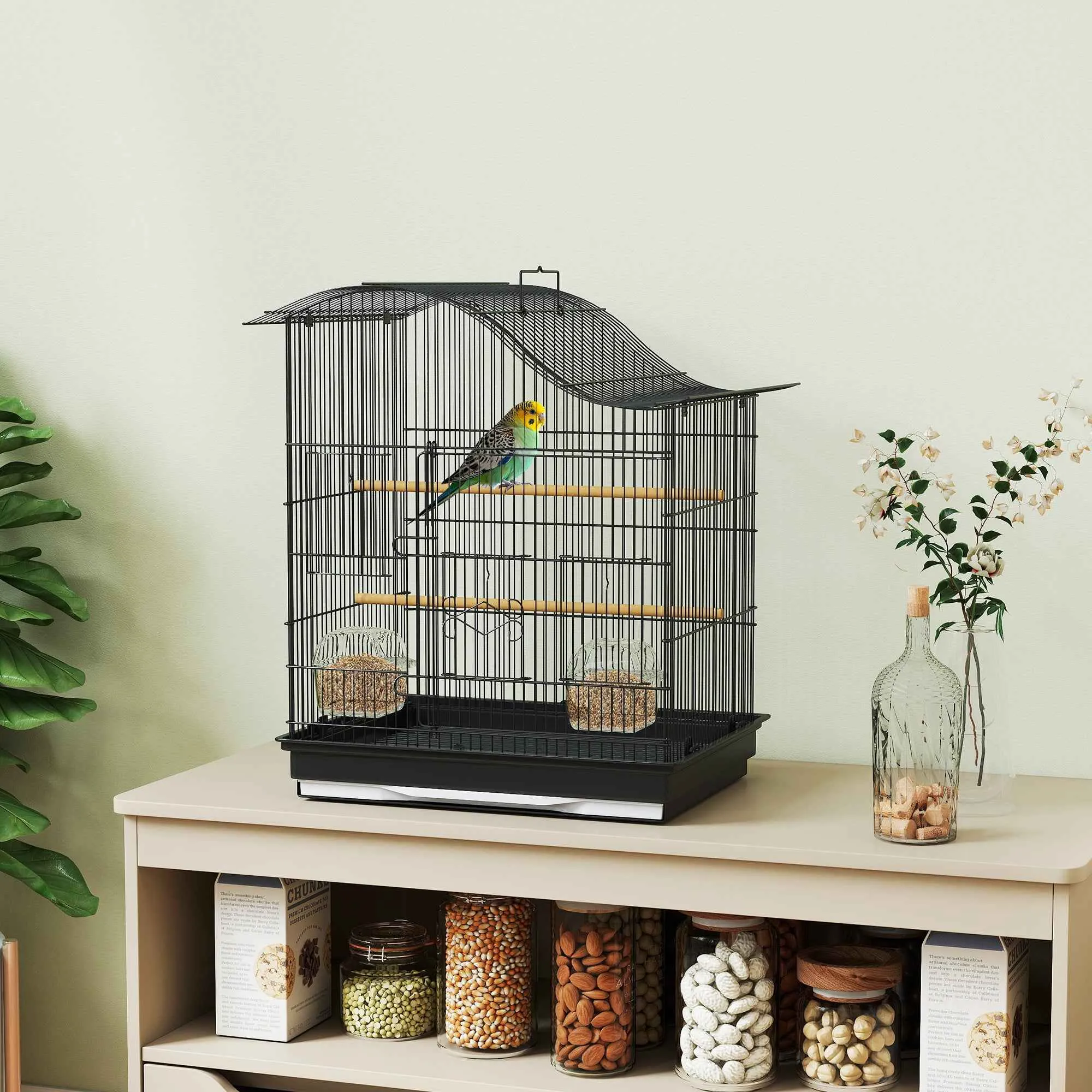 PawHut 4-Door Bird Cage with 2 Bowls, 2 Perches and Tray, Metal and Plastic, 47.5x36x54.5 cm, Black - Image 2