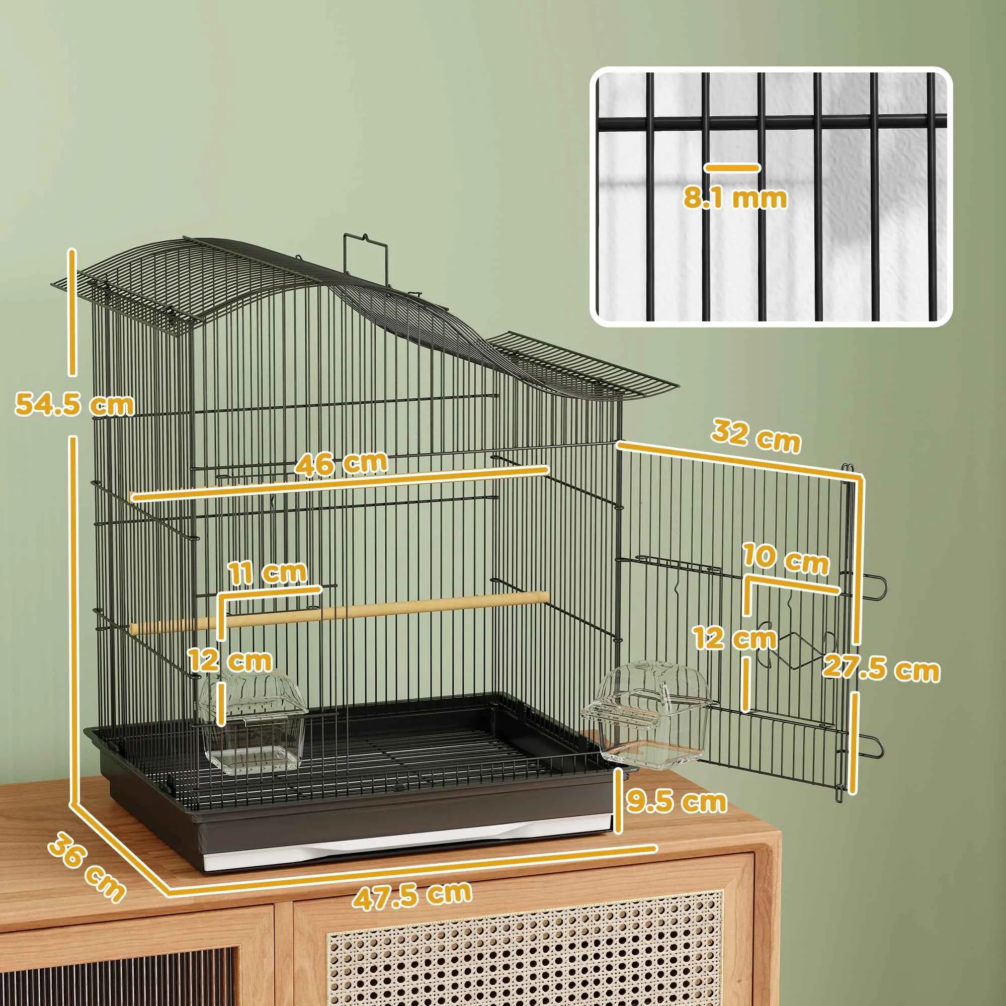 PawHut 4-Door Bird Cage with 2 Bowls, 2 Perches and Tray, Metal and Plastic, 47.5x36x54.5 cm, Black - Image 3