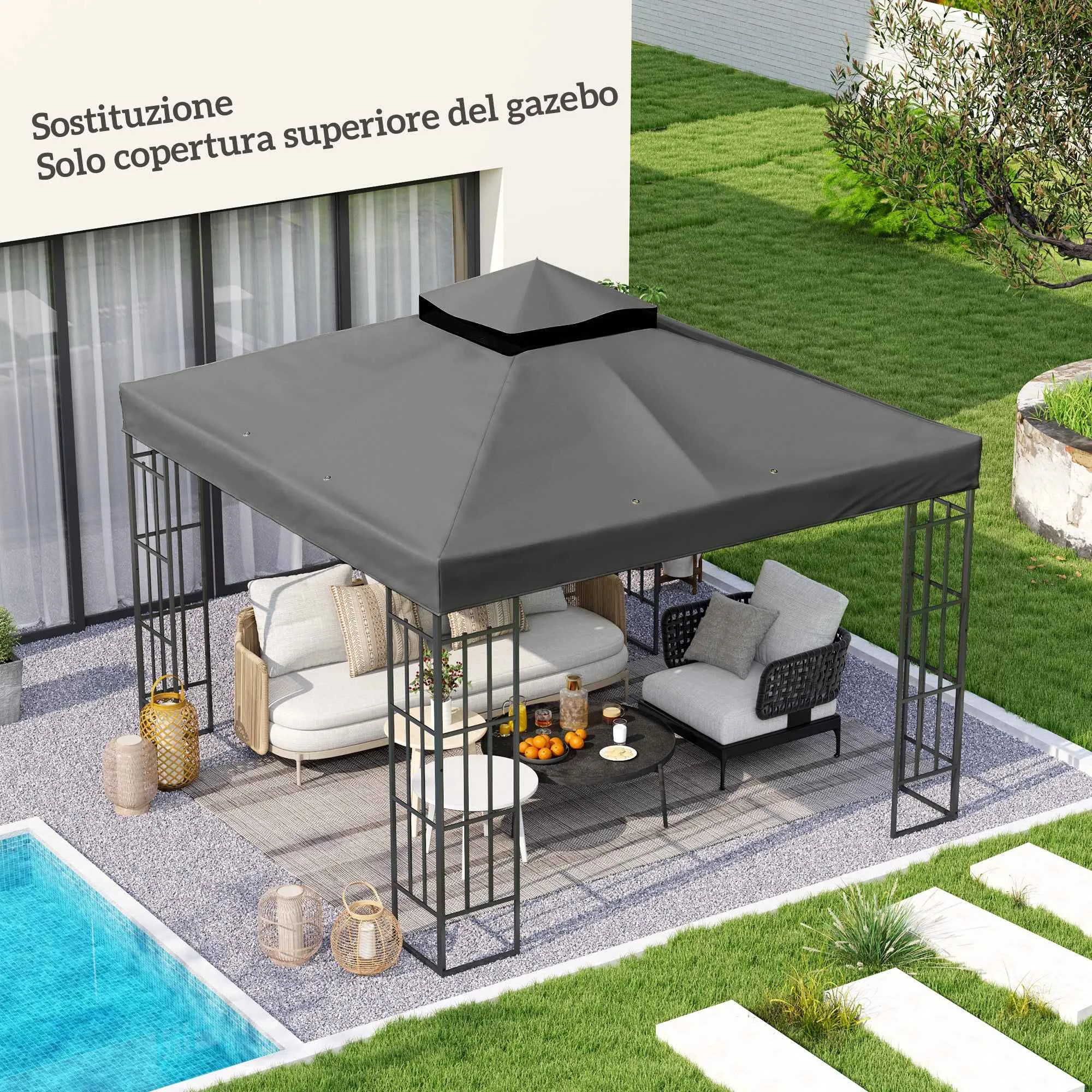 Outsunny 3x3m UPF30+ 2-Tier Dark Grey Polyester Garden Gazebo Cover - Image 2