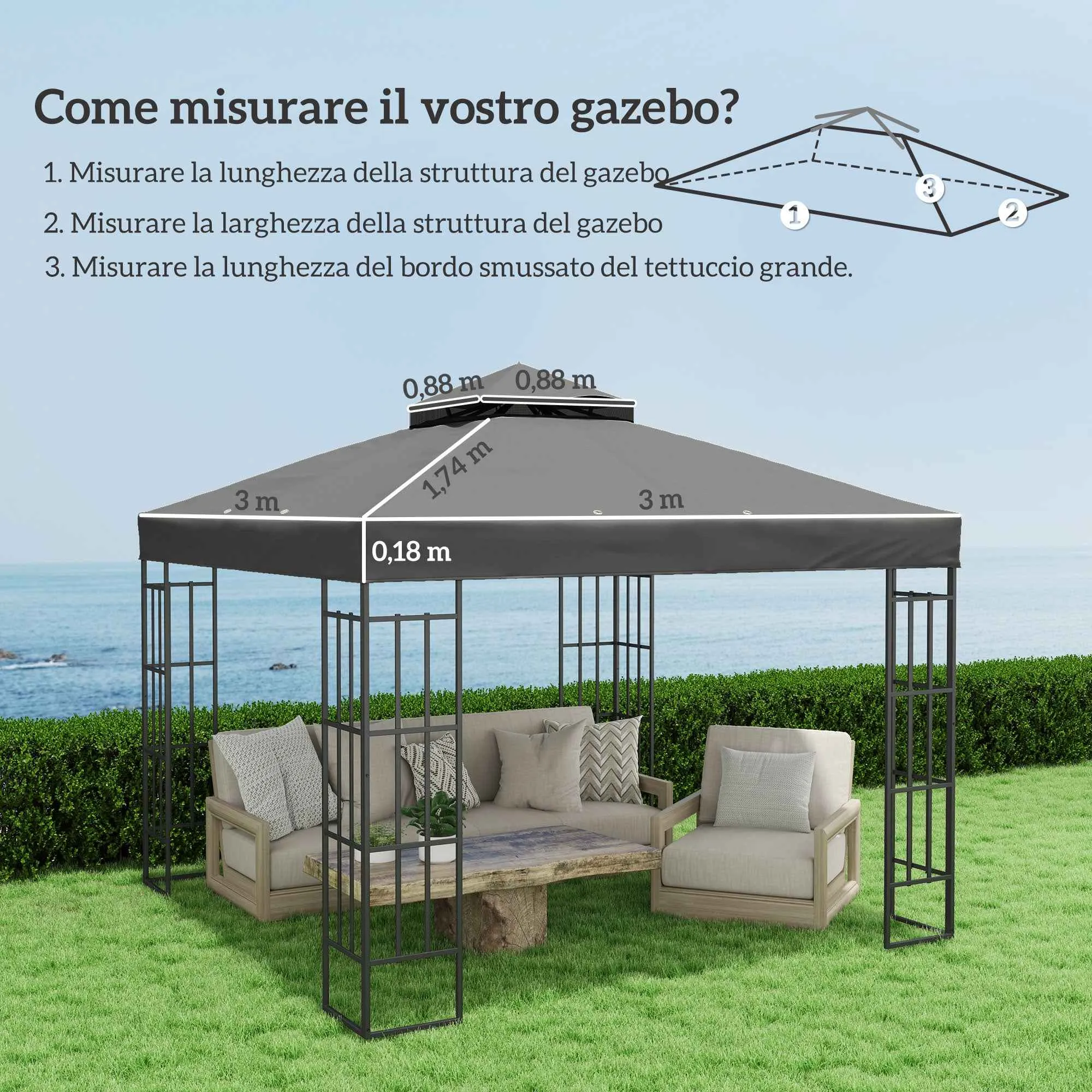 Outsunny 3x3m UPF30+ 2-Tier Dark Grey Polyester Garden Gazebo Cover - Image 3