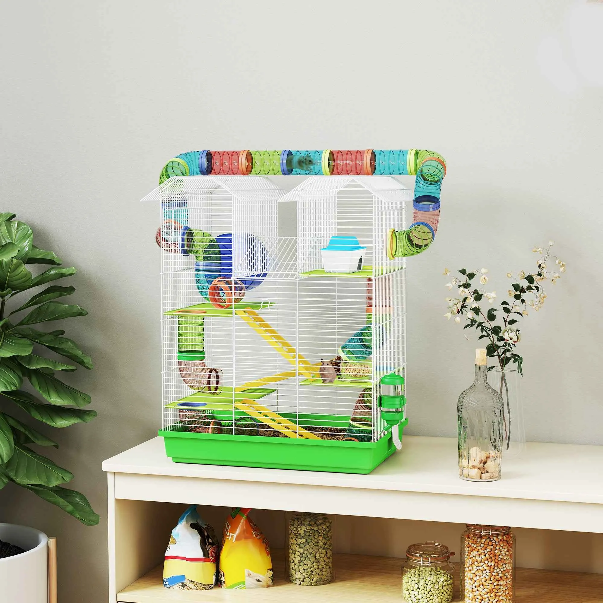 PawHut 5-Story Hamster Cage with Colorful Tubes, Wheel, House and Accessories, 47x30x59 cm, Green - Image 2