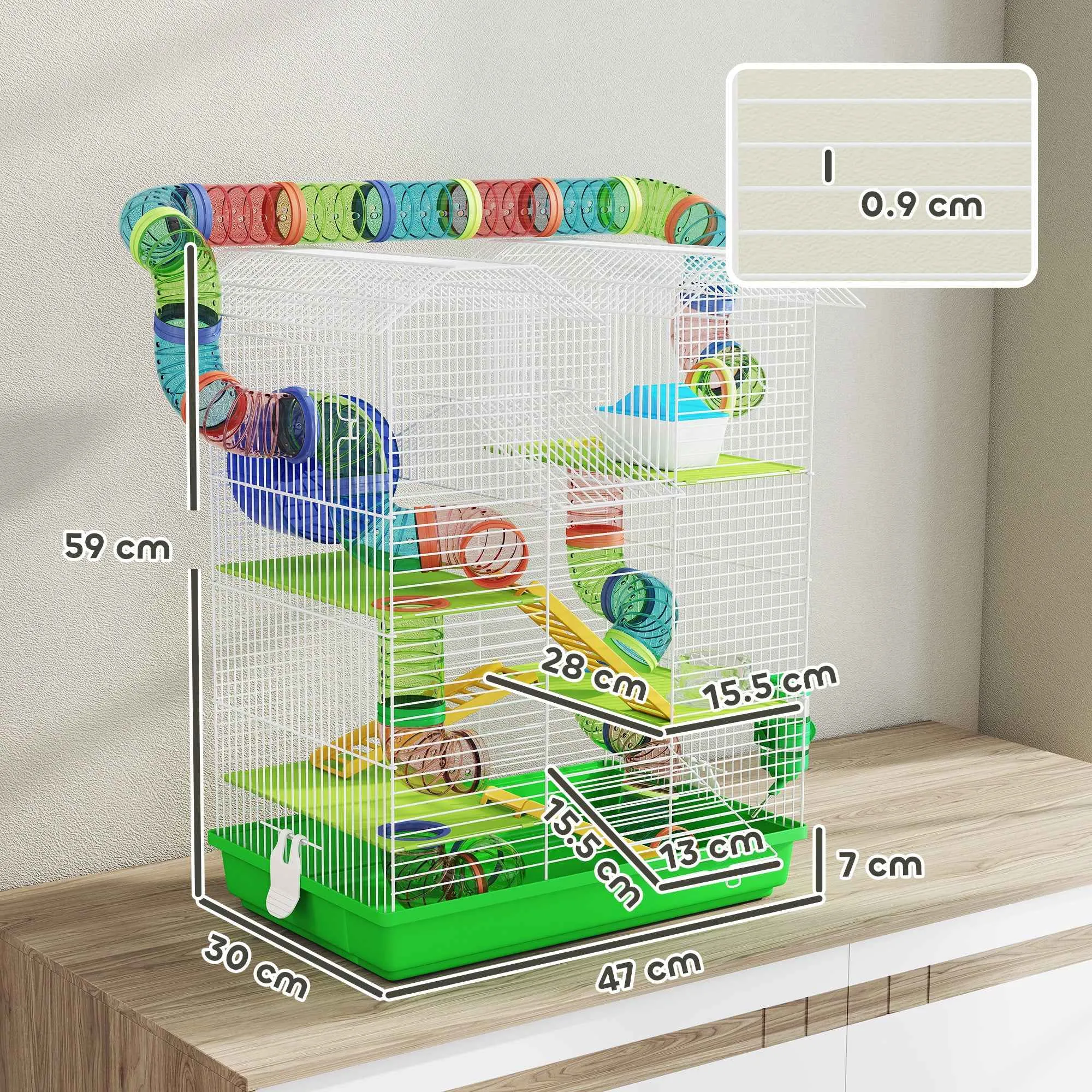 PawHut 5-Story Hamster Cage with Colorful Tubes, Wheel, House and Accessories, 47x30x59 cm, Green - Image 3