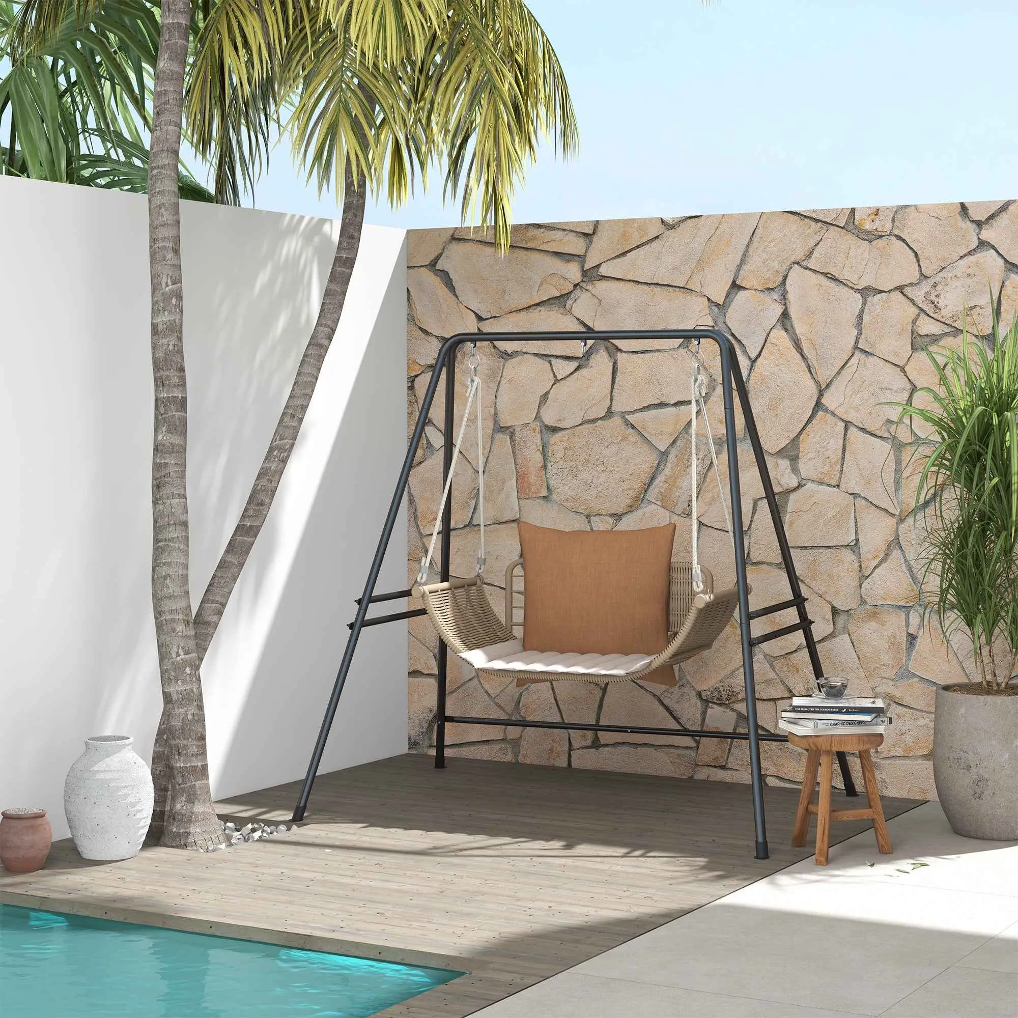 Outsunny Steel Hammock and Egg Chair Stand with A-Shaped Legs and Single and Double Hooks, 178 x 143 x 180 cm, Black - Image 2