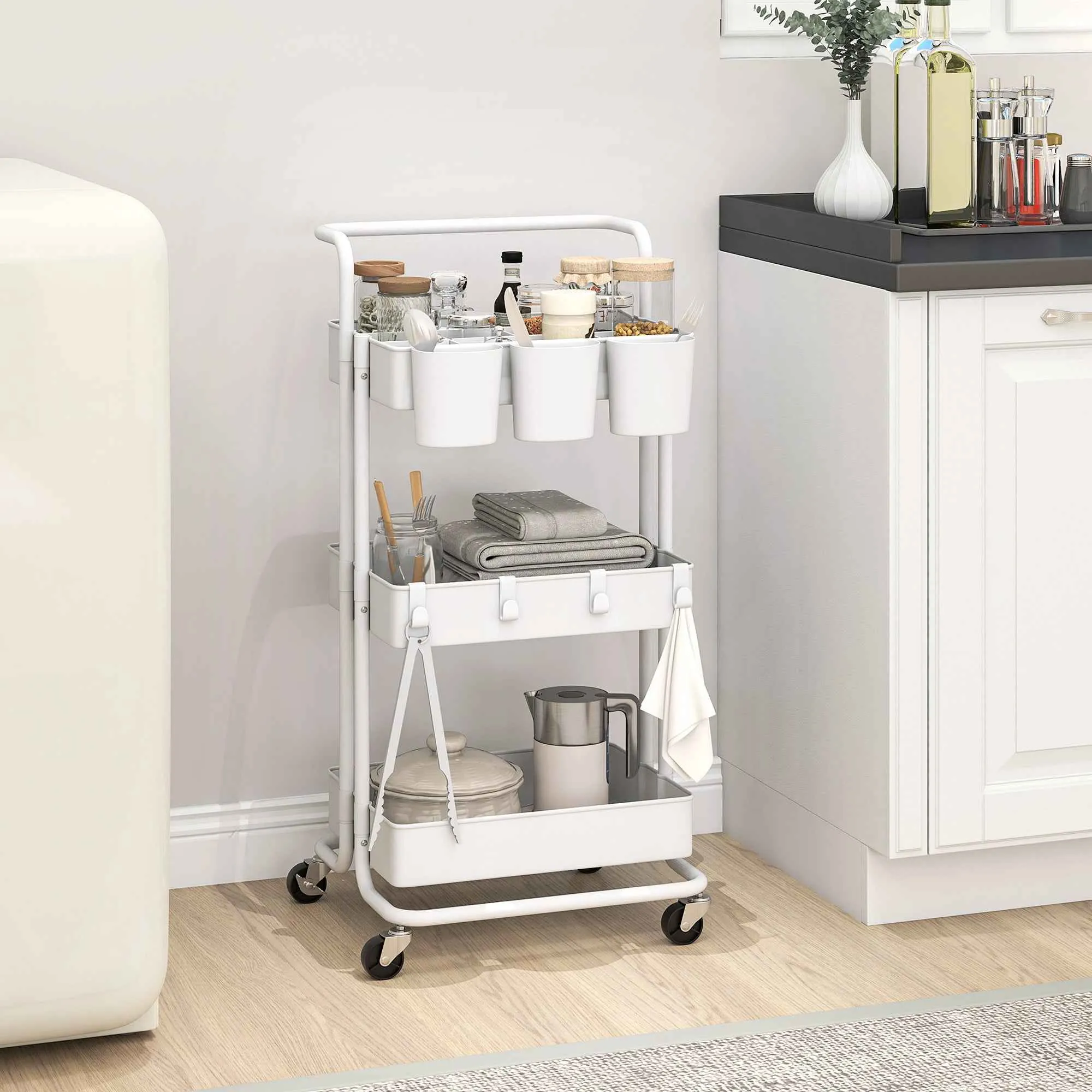 HOMCOM 3-Tier Multipurpose Kitchen Cart with Removable Baskets and Hooks, Shelf with 12 Dividers, White - Image 2