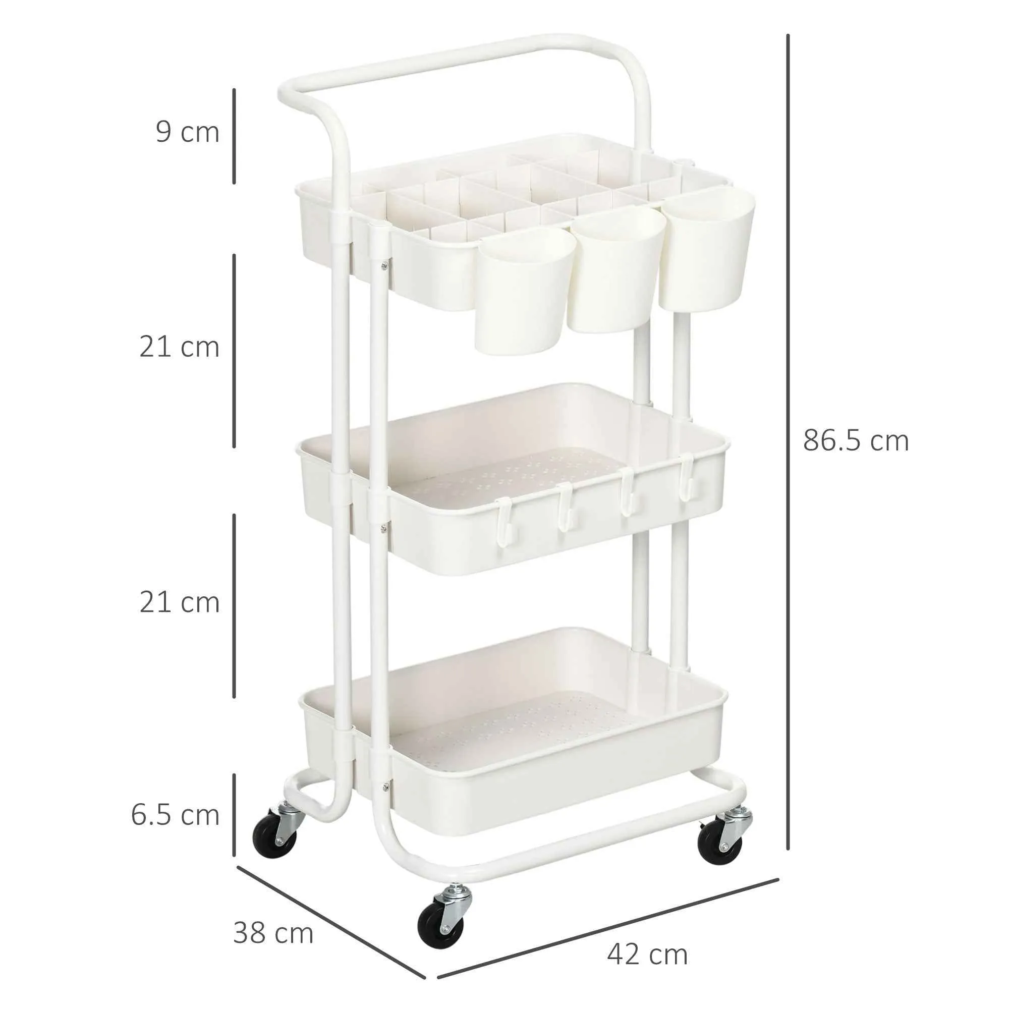 HOMCOM 3-Tier Multipurpose Kitchen Cart with Removable Baskets and Hooks, Shelf with 12 Dividers, White - Image 3