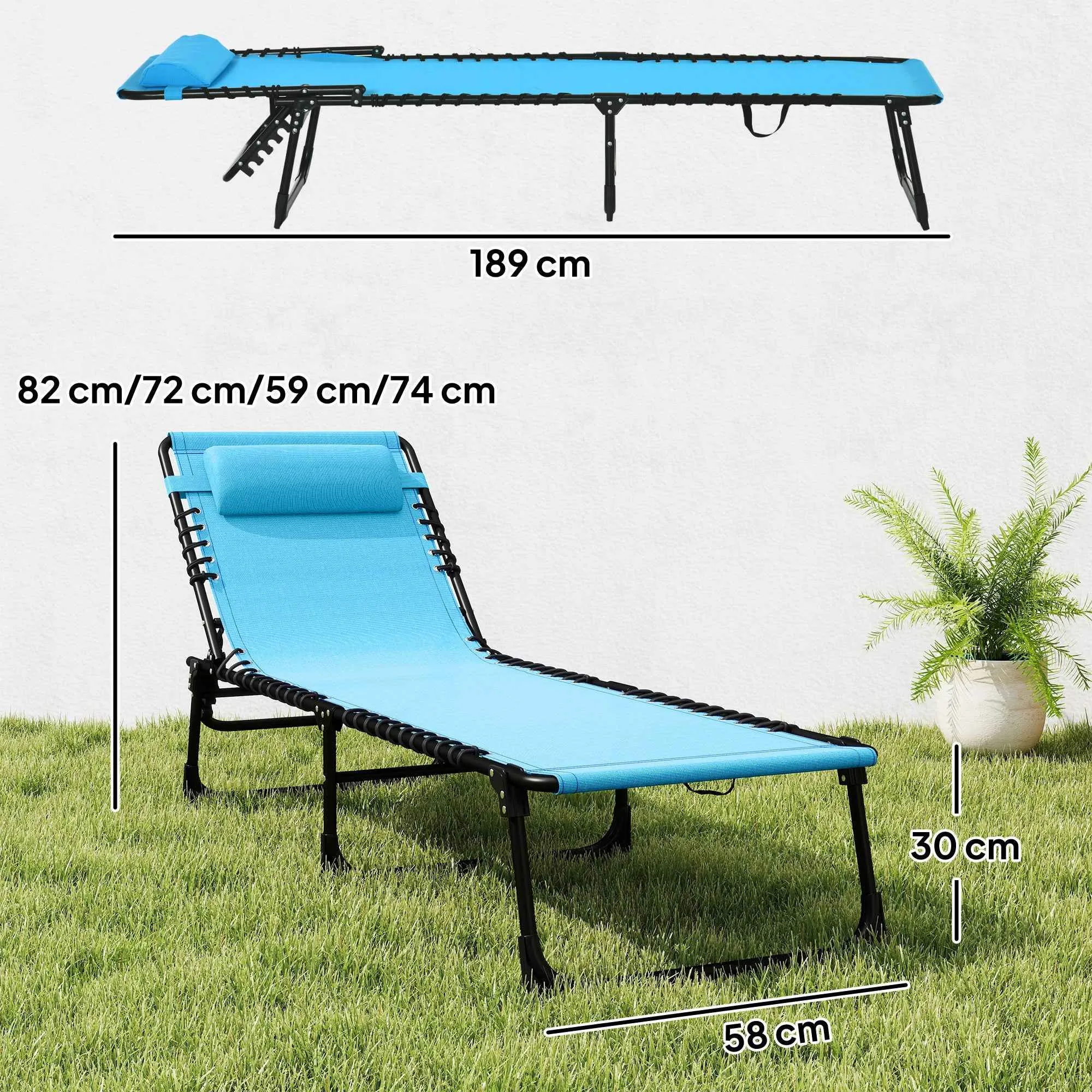 Outsunny Folding Sun Lounger with Reclining Backrest in Steel and Mesh Fabric, 189x58x30 cm, Blue - Image 3