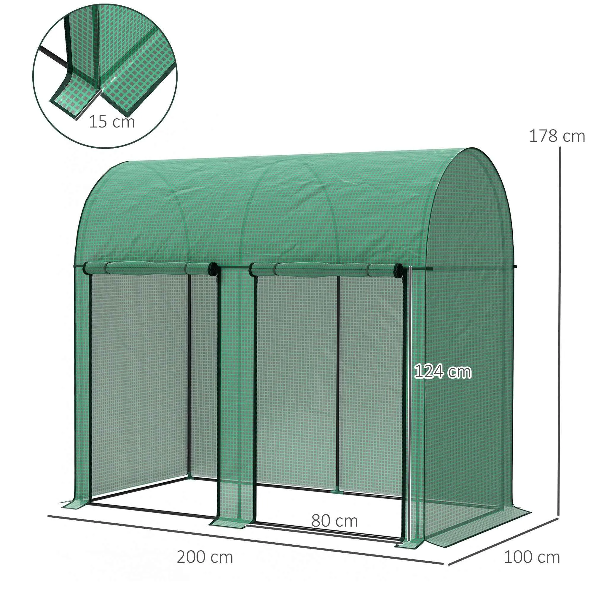 Outsunny 2m² Garden Greenhouse, 2 Roll-Up Doors, 140g/m² Anti-UV PE Cover, 2x1x1.78m, Green - Image 3