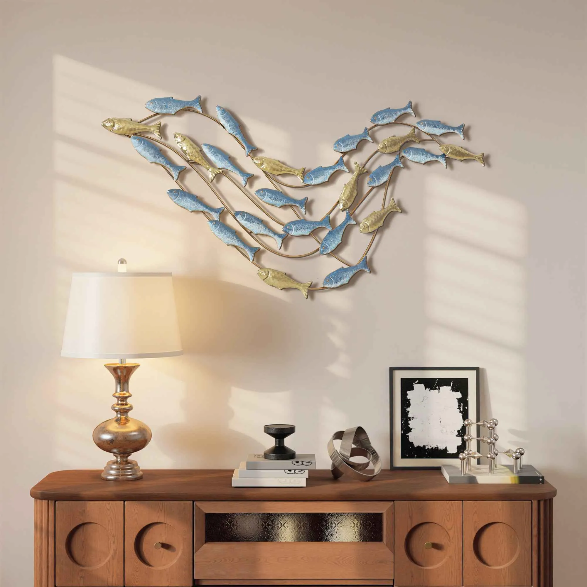 HOMCOM Metal Fish Wall Art with Screws Included, 99.7 x 3.8 x 50.2 cm, Gold and Blue - Image 2