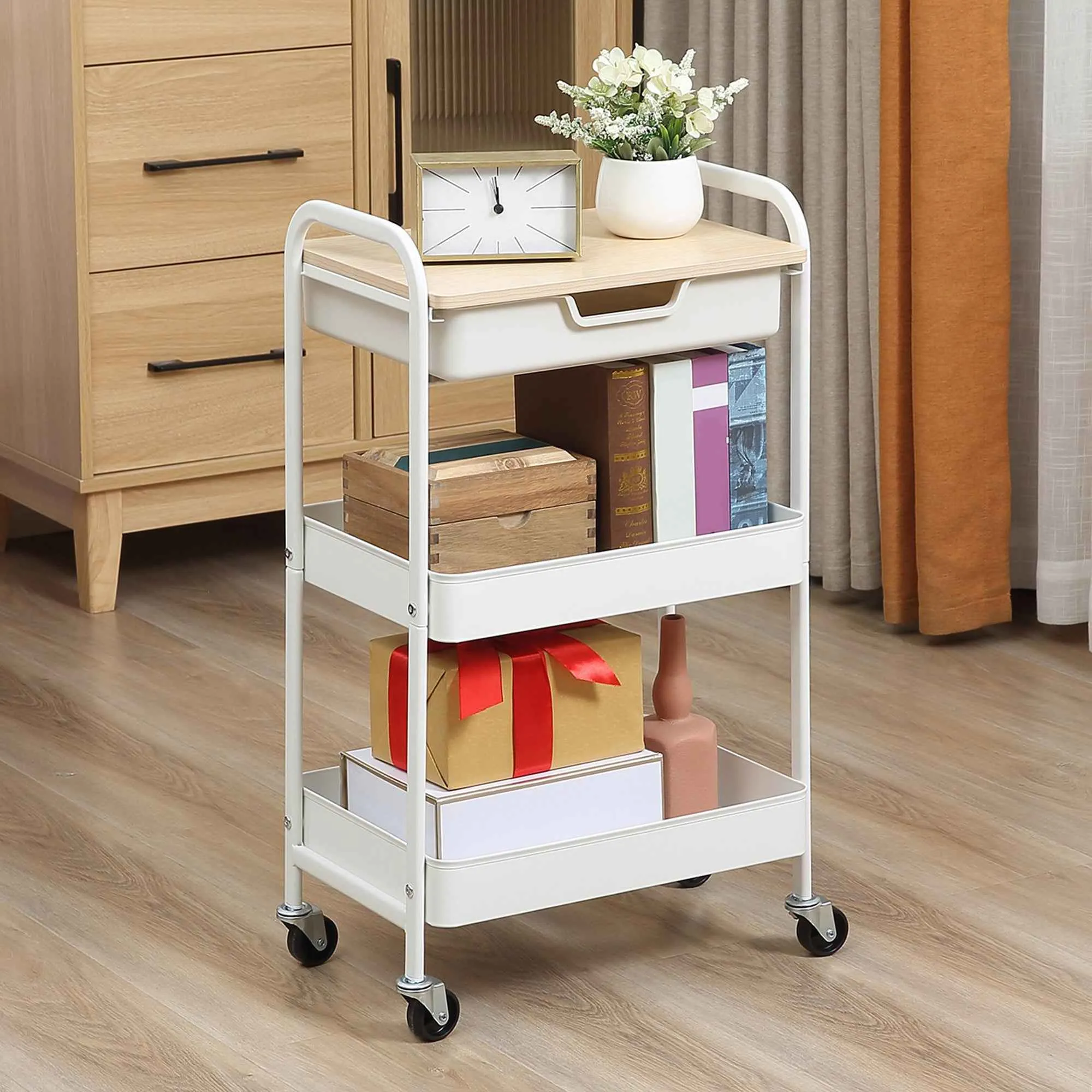 HOMCOM Multipurpose Kitchen Cart with Swivel Wheels, 2 Baskets, Drawer and Wooden Top, White - Image 2
