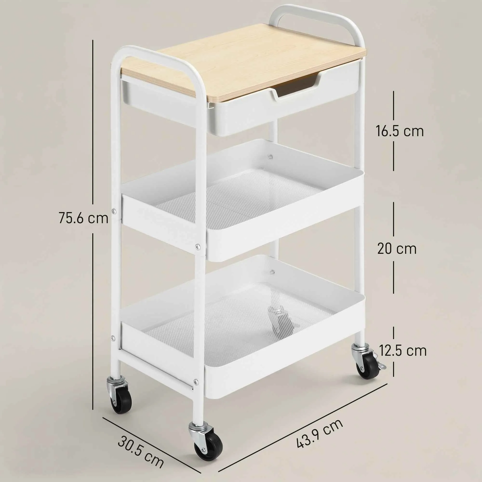 HOMCOM Multipurpose Kitchen Cart with Swivel Wheels, 2 Baskets, Drawer and Wooden Top, White - Image 3