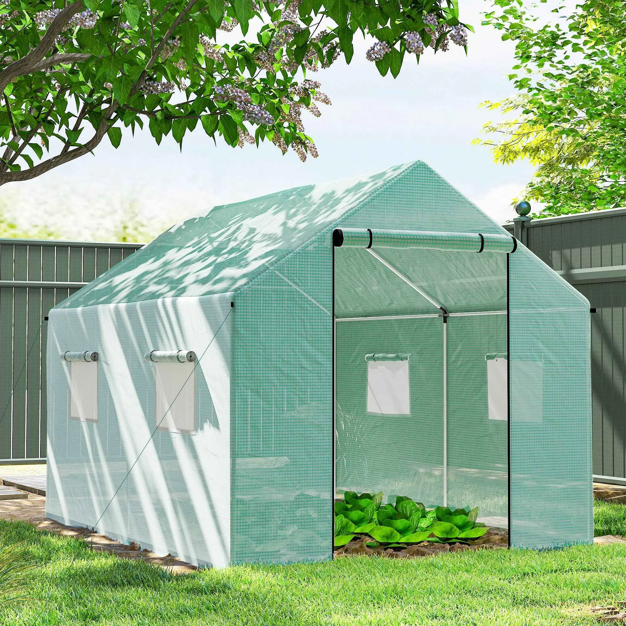 Outsunny 2x3x2 m Tunnel Greenhouse with Roller Doors and Windows and Pointed Roof, in Steel and PE, Green - Image 2