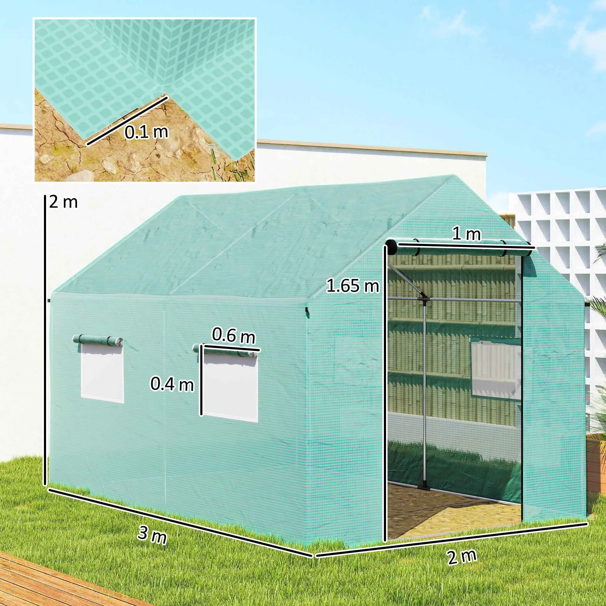 Outsunny 2x3x2 m Tunnel Greenhouse with Roller Doors and Windows and Pointed Roof, in Steel and PE, Green - Image 3