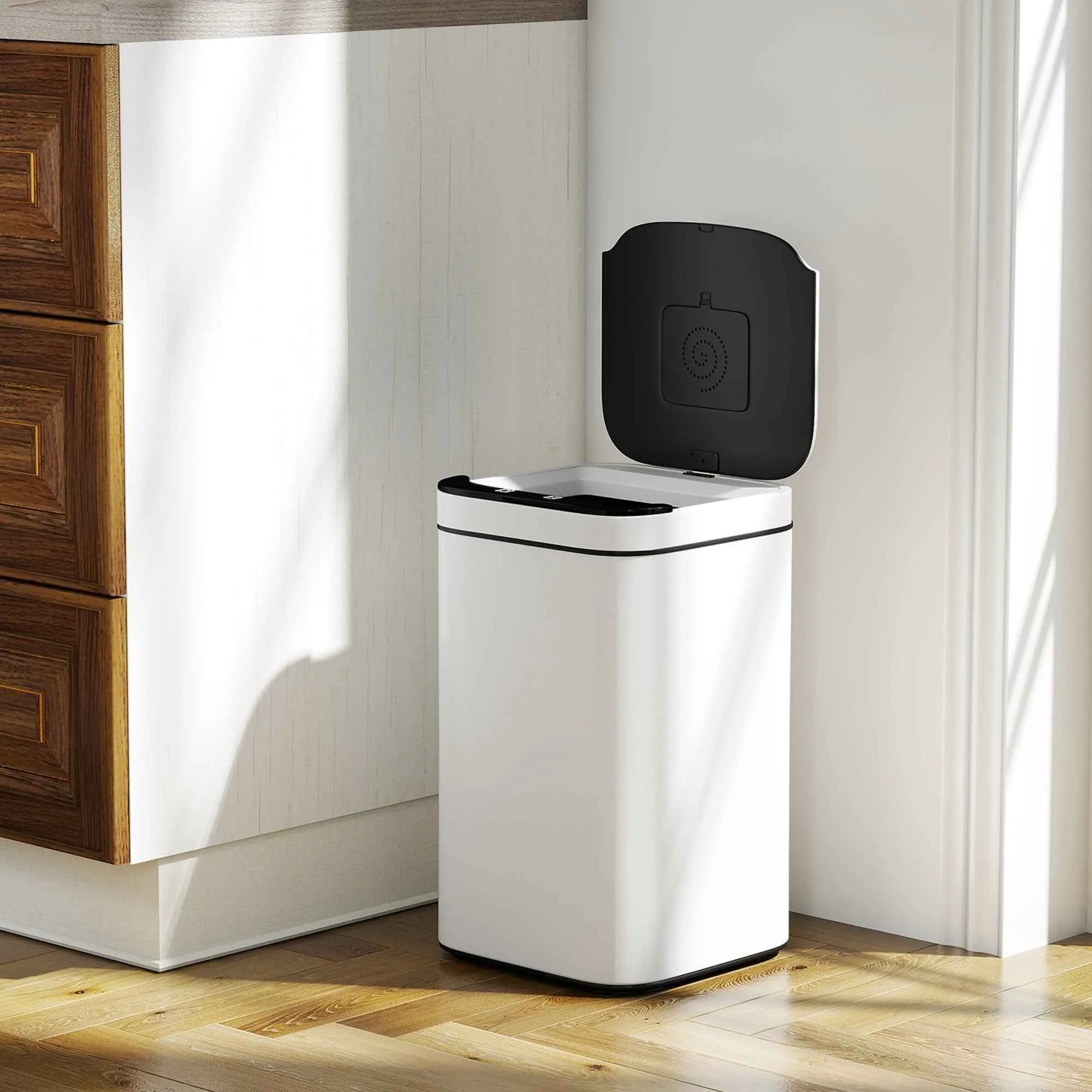 HOMCOM 13L Sensor Garbage Can with Space for Deodorants, Steel and PP, 24x24x41 cm, Black and White - Image 2