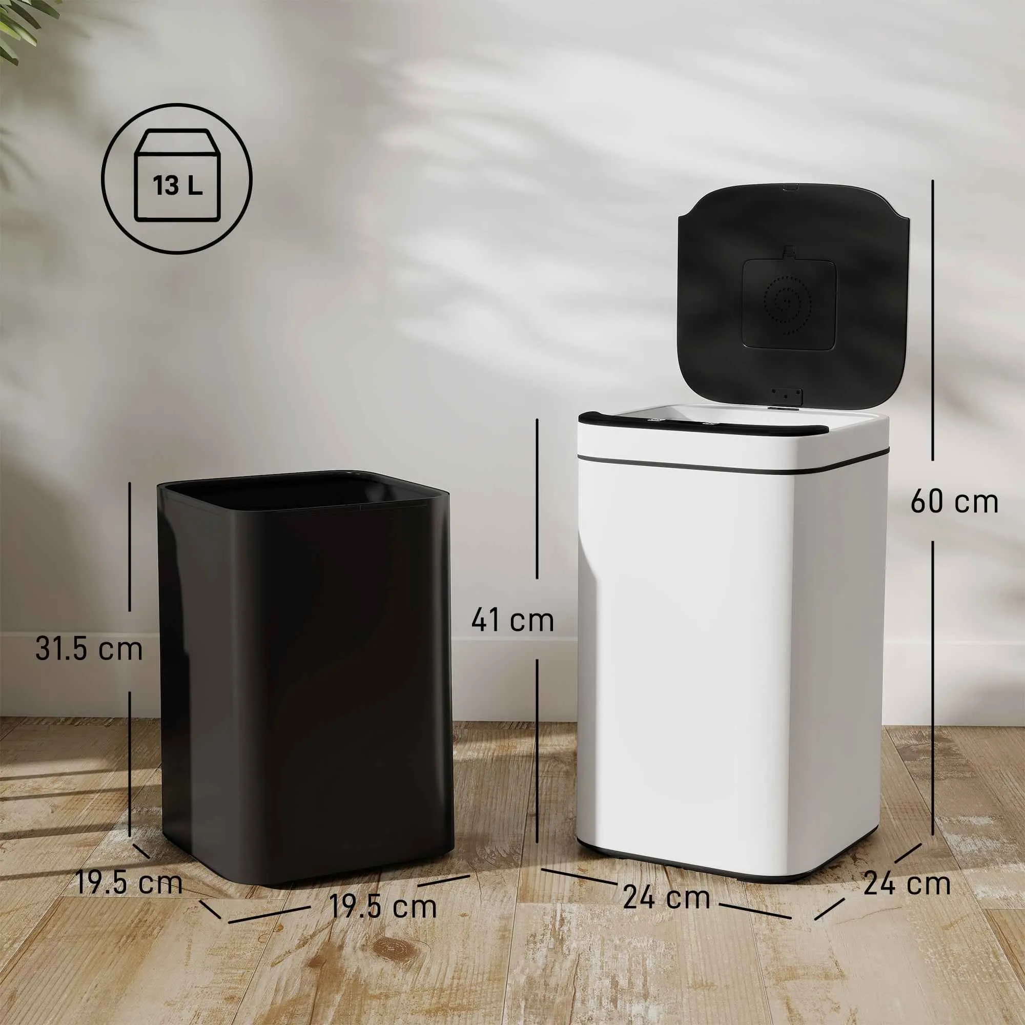 HOMCOM 13L Sensor Garbage Can with Space for Deodorants, Steel and PP, 24x24x41 cm, Black and White - Image 3