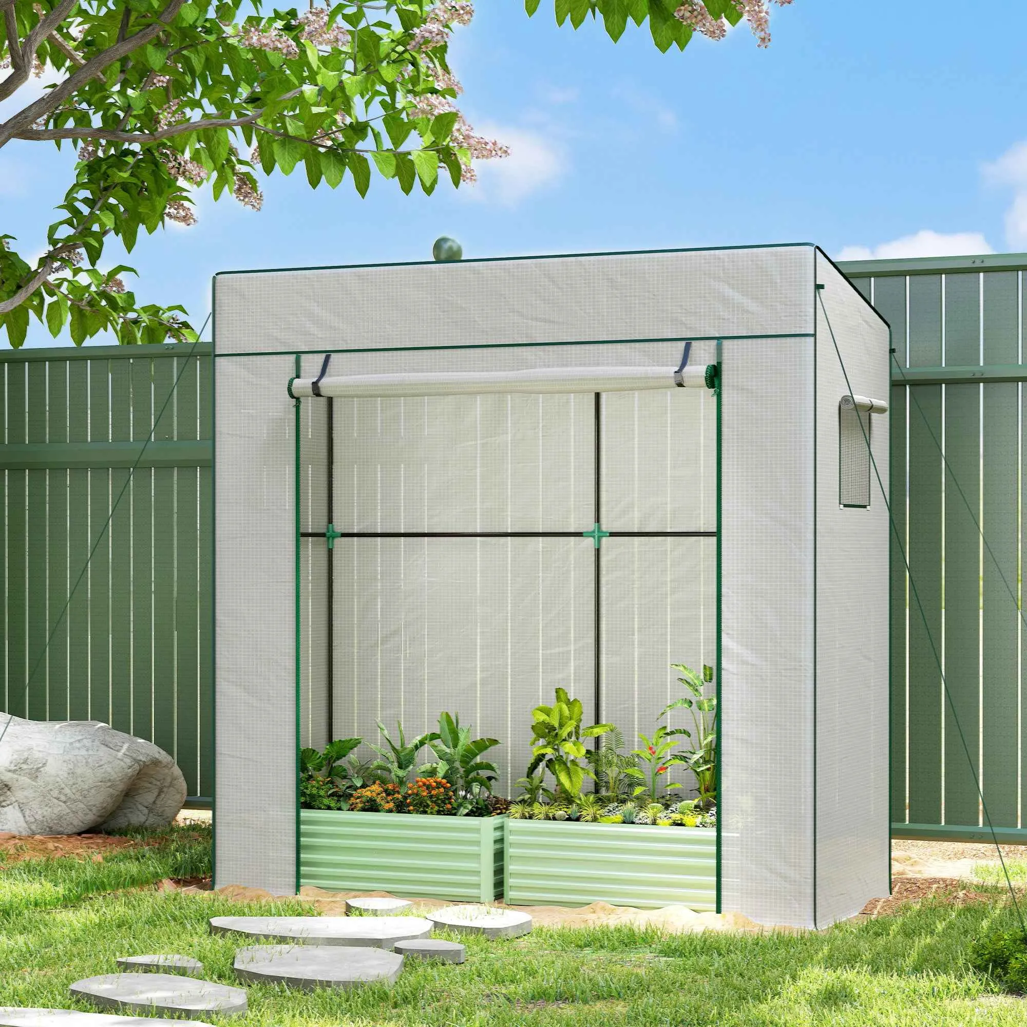 Outsunny Greenhouse for Plants with 2 Side Mesh Windows and Roller Door, in PE and Steel, 196x77x197 cm, White - Image 2