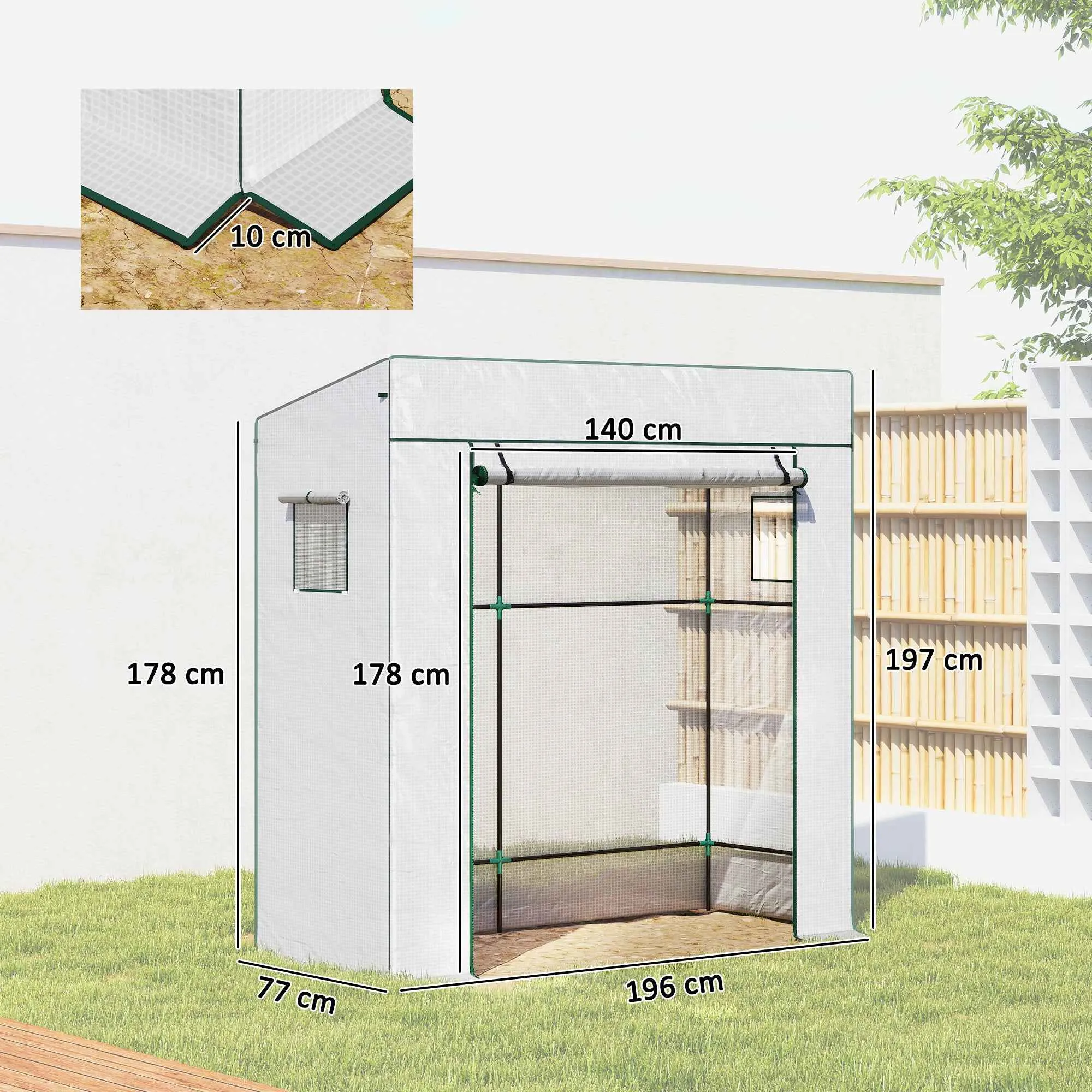 Outsunny Greenhouse for Plants with 2 Side Mesh Windows and Roller Door, in PE and Steel, 196x77x197 cm, White - Image 3