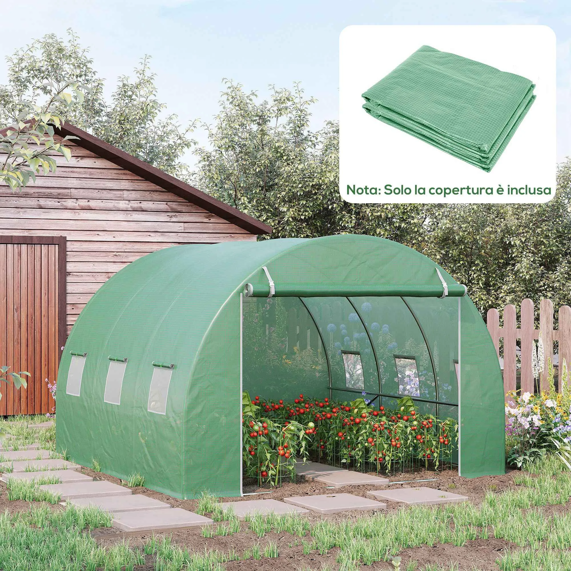 Outsunny PE Greenhouse Cover with 6 Windows, Roll-Up Door and Buried Edges, 3x3x2 m, Green - Image 2