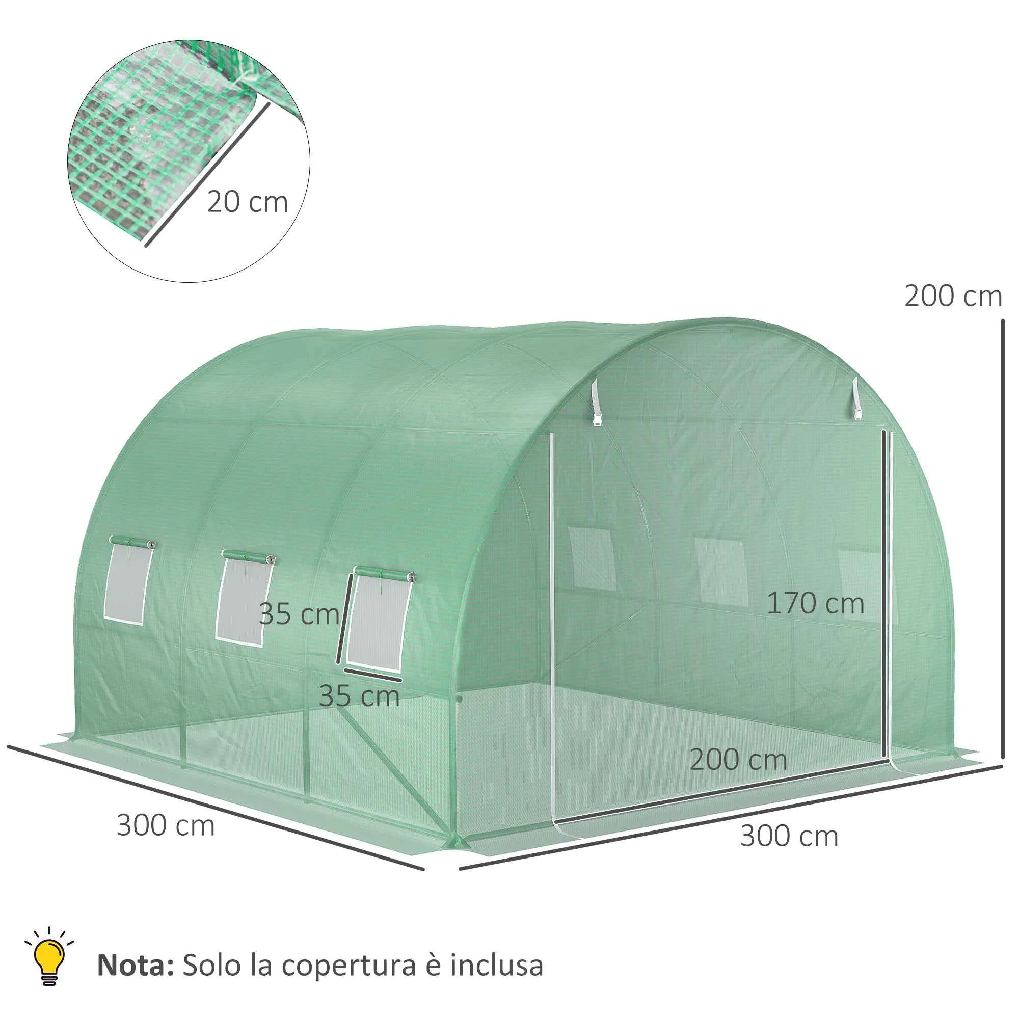 Outsunny PE Greenhouse Cover with 6 Windows, Roll-Up Door and Buried Edges, 3x3x2 m, Green - Image 3