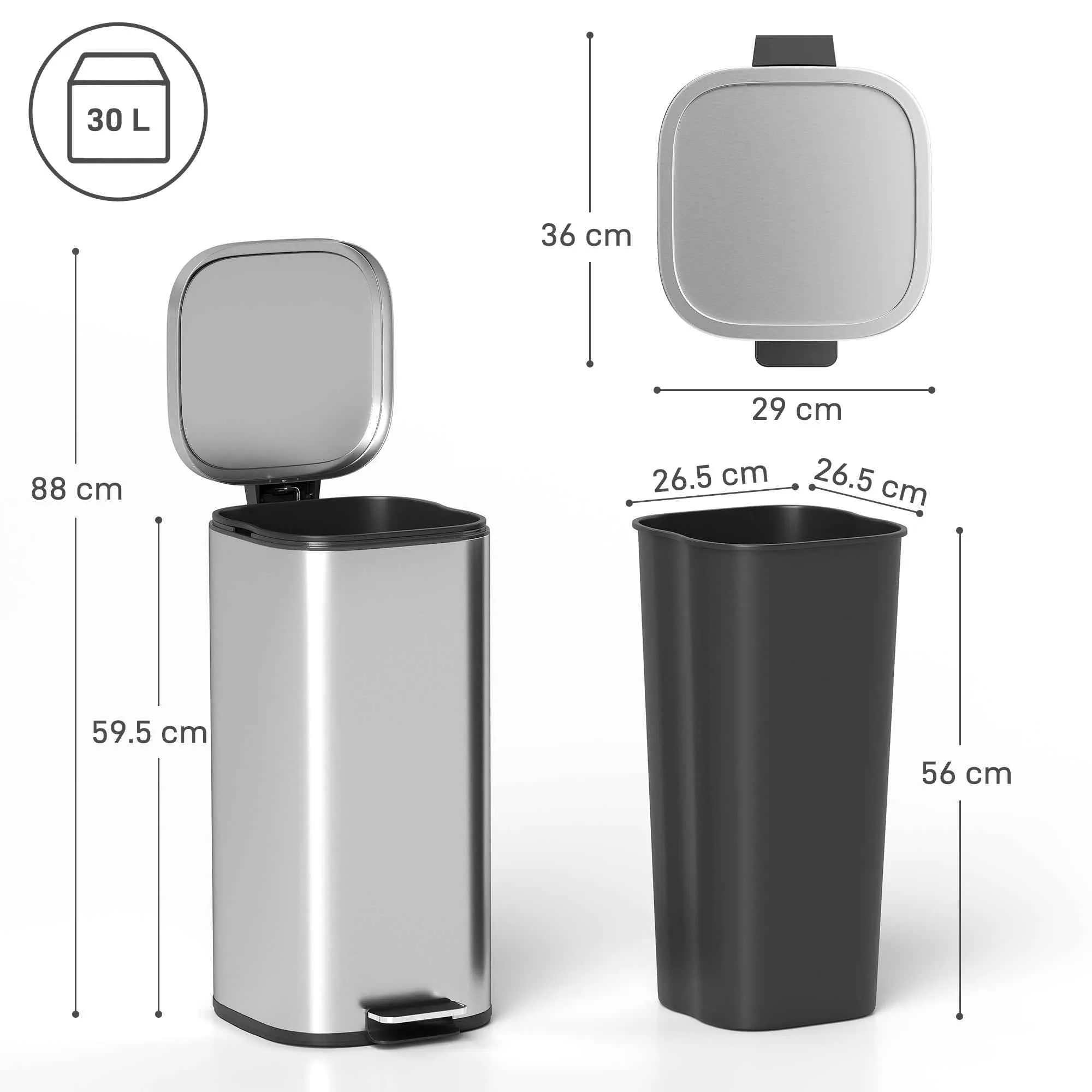 HOMCOM 30L Pedal Bin with Removable Bucket, Metal and PP, 29x36x59.5 cm, Silver - Image 3