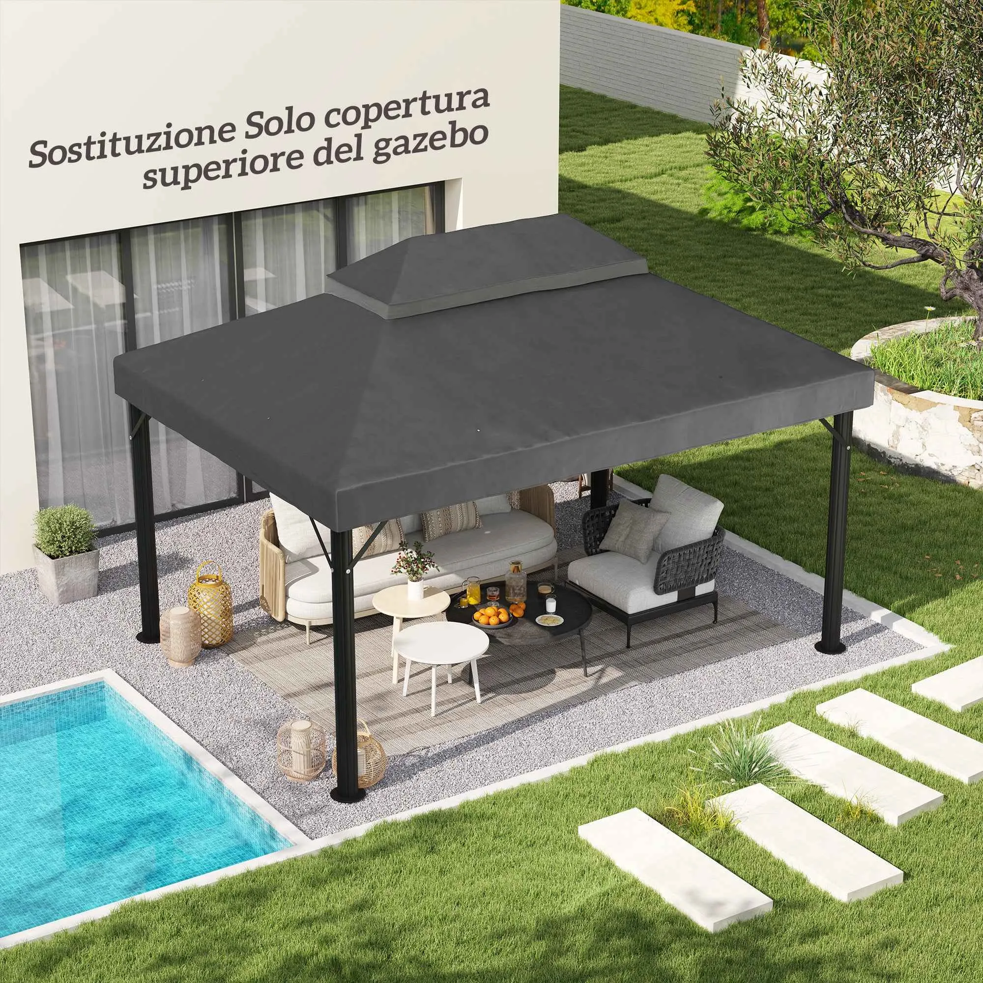 Outsunny 3x4m 2-Tier Garden Gazebo Cover in 600D Oxford Fabric with Drainage Holes, Dark Grey - Image 2