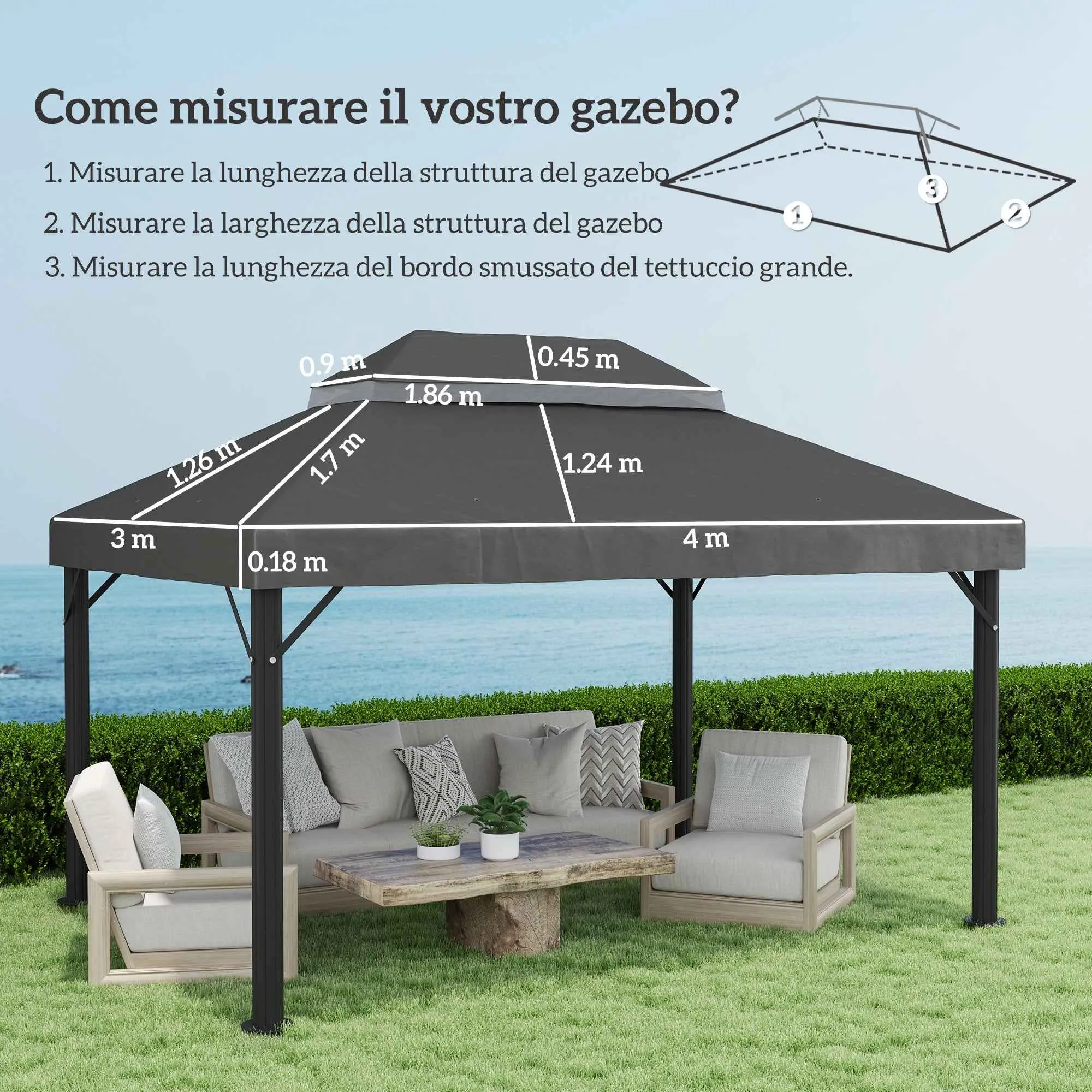 Outsunny 3x4m 2-Tier Garden Gazebo Cover in 600D Oxford Fabric with Drainage Holes, Dark Grey - Image 3