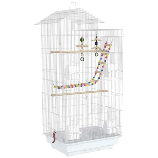 PawHut Bird Cage, Aviary with Handle and Doors, Cage with Swing, Bowls and Toys, 46x36x100 cm, White