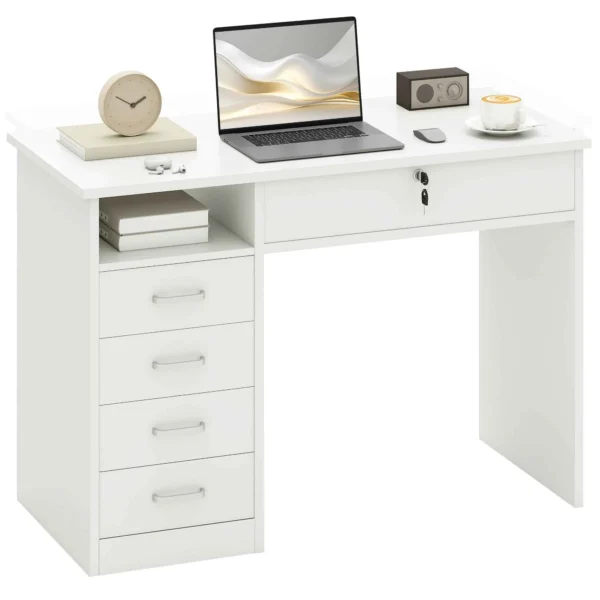 HOMCOM Wooden Desk for Bedroom or Office with 2 Drawers and 2 Keys, 110x50x76cm - White