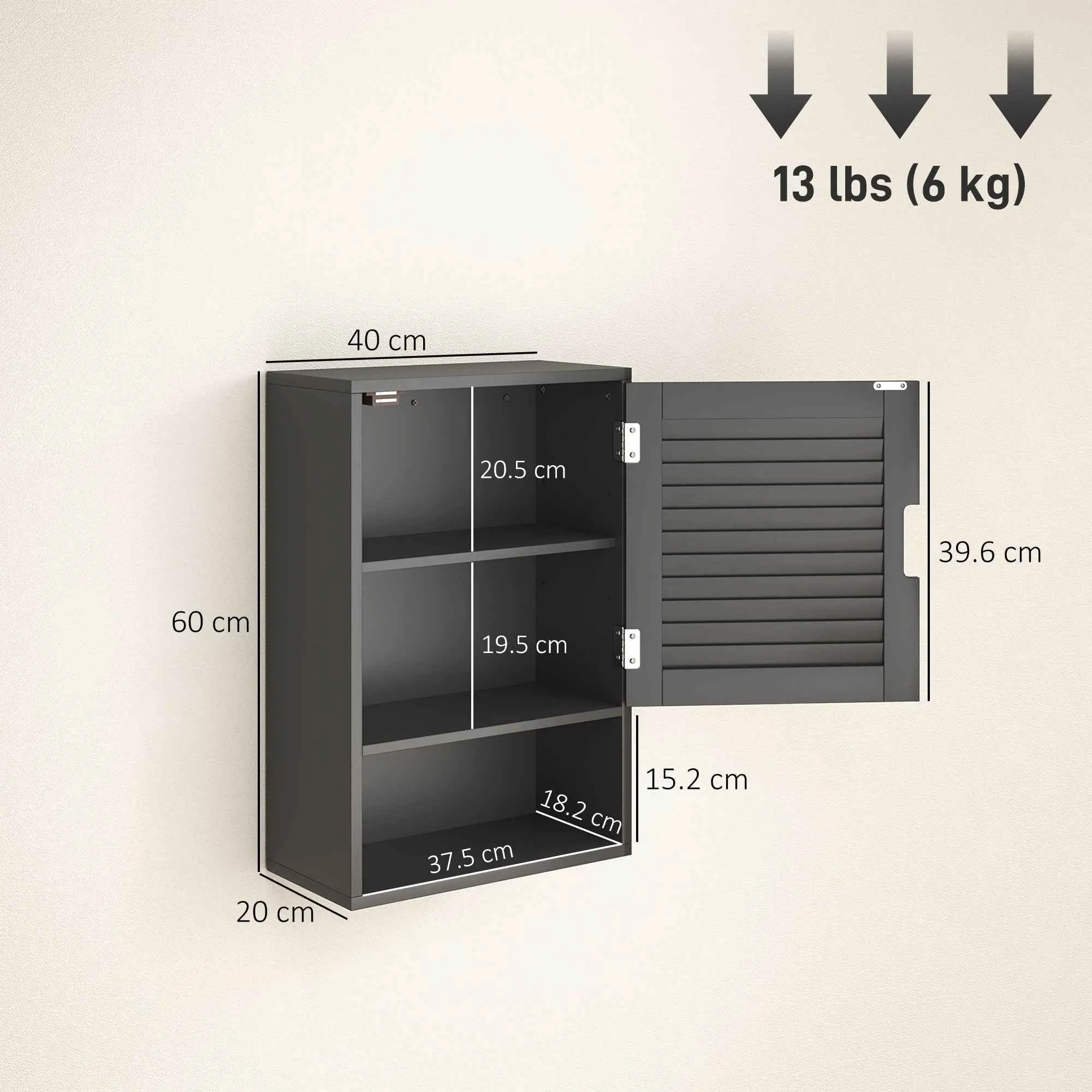HOMCOM Wall-Mounted Bathroom Cabinet with Adjustable Shelf and Soft-Close Door, 40x20x60 cm, Black - Image 3