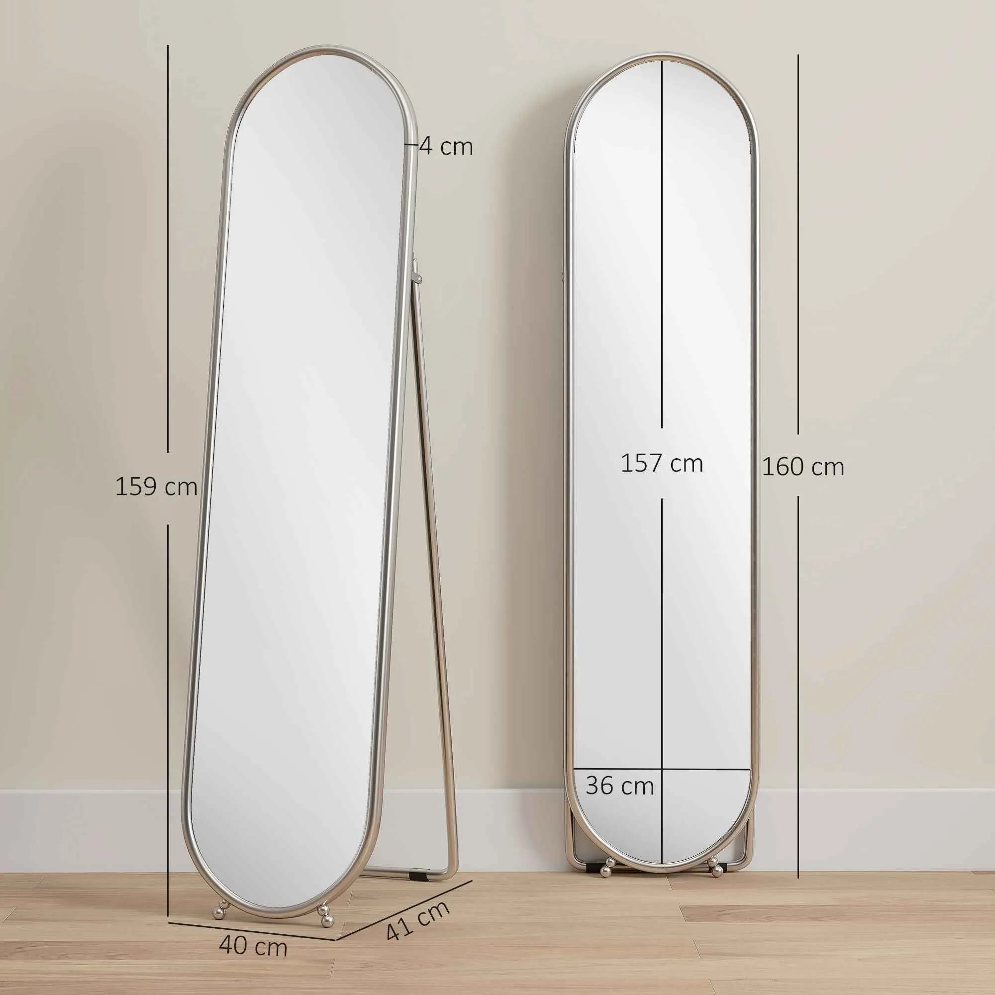 HOMCOM Full-Length Floor Mirror with Folding Stand, Glass and Metal, 40x4x160 cm, Silver - Image 3