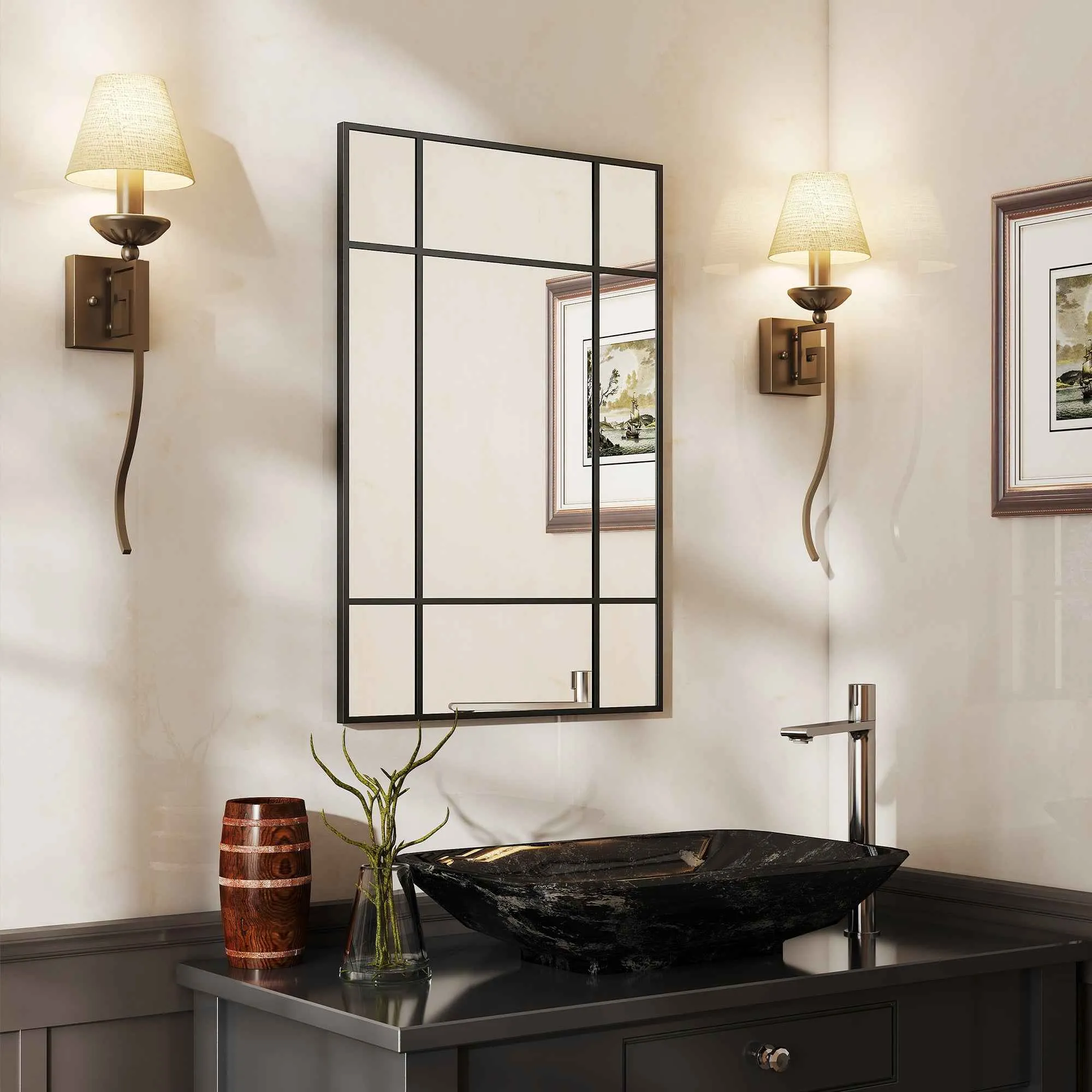 HOMCOM Window Style Wall Mirror with Vertical and Horizontal Mounting, 90x60 cm, Black - Image 2