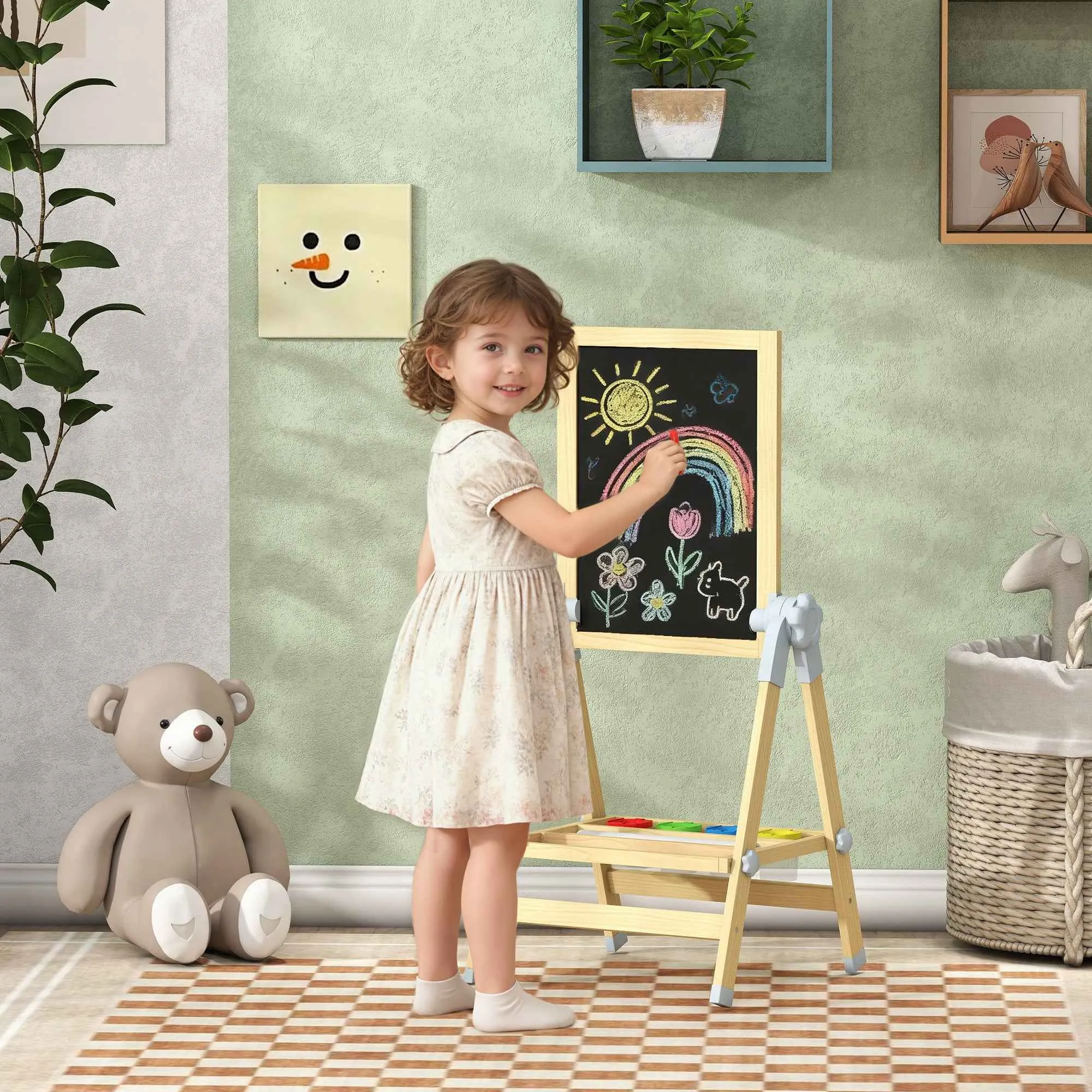 Children's Easel with Double Board for Chalk and Markers, Magnetic Whiteboard and Paper Roll, Wood - Image 2