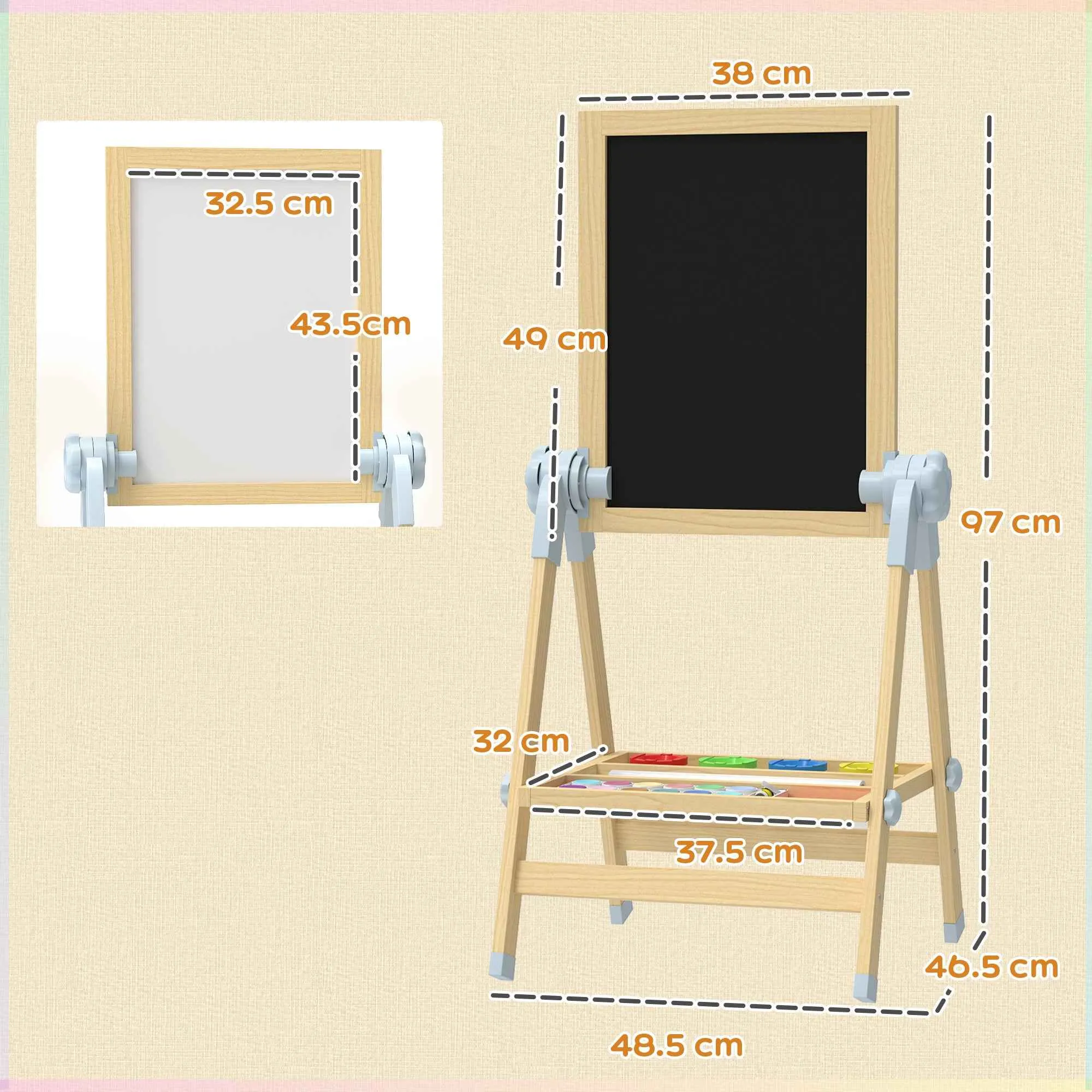 Children's Easel with Double Board for Chalk and Markers, Magnetic Whiteboard and Paper Roll, Wood - Image 3