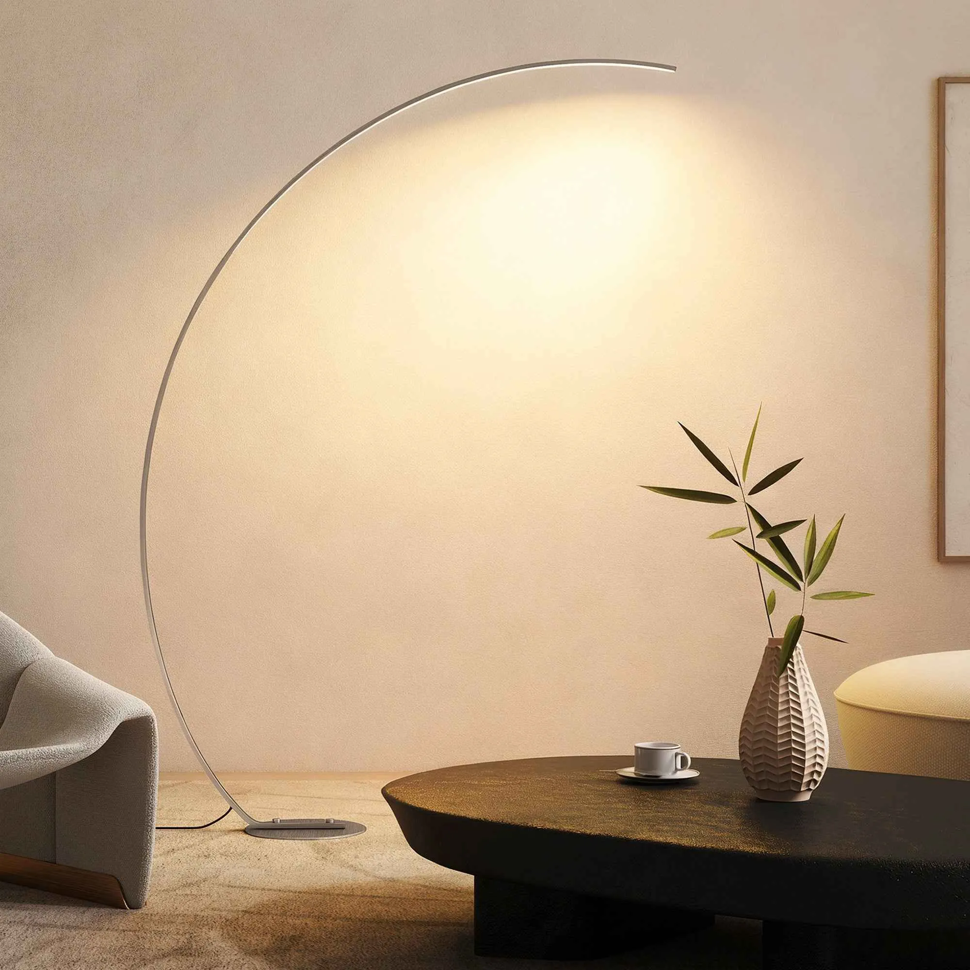 HOMCOM 172cm Tall LED Arc Floor Lamp with Remote Control and Dimmable Dimming, Silver - Image 2