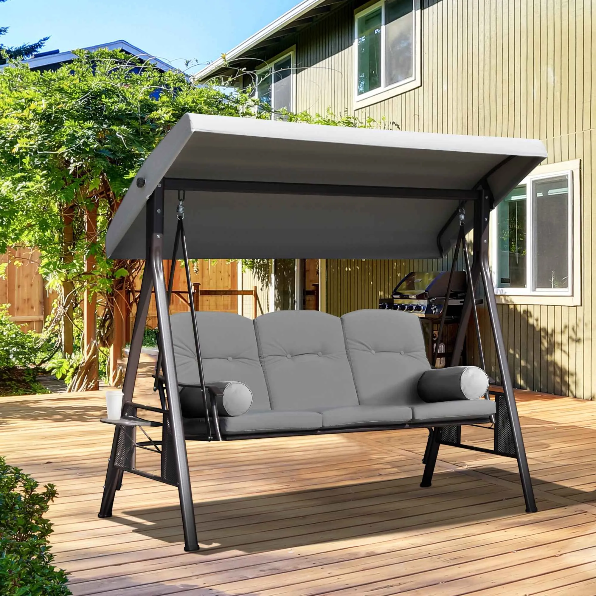 Outsunny 3-Seater Garden Swing with Adjustable Canopy, Cup Holder and Cushions, 208x121x172 cm, Light Grey - Image 2