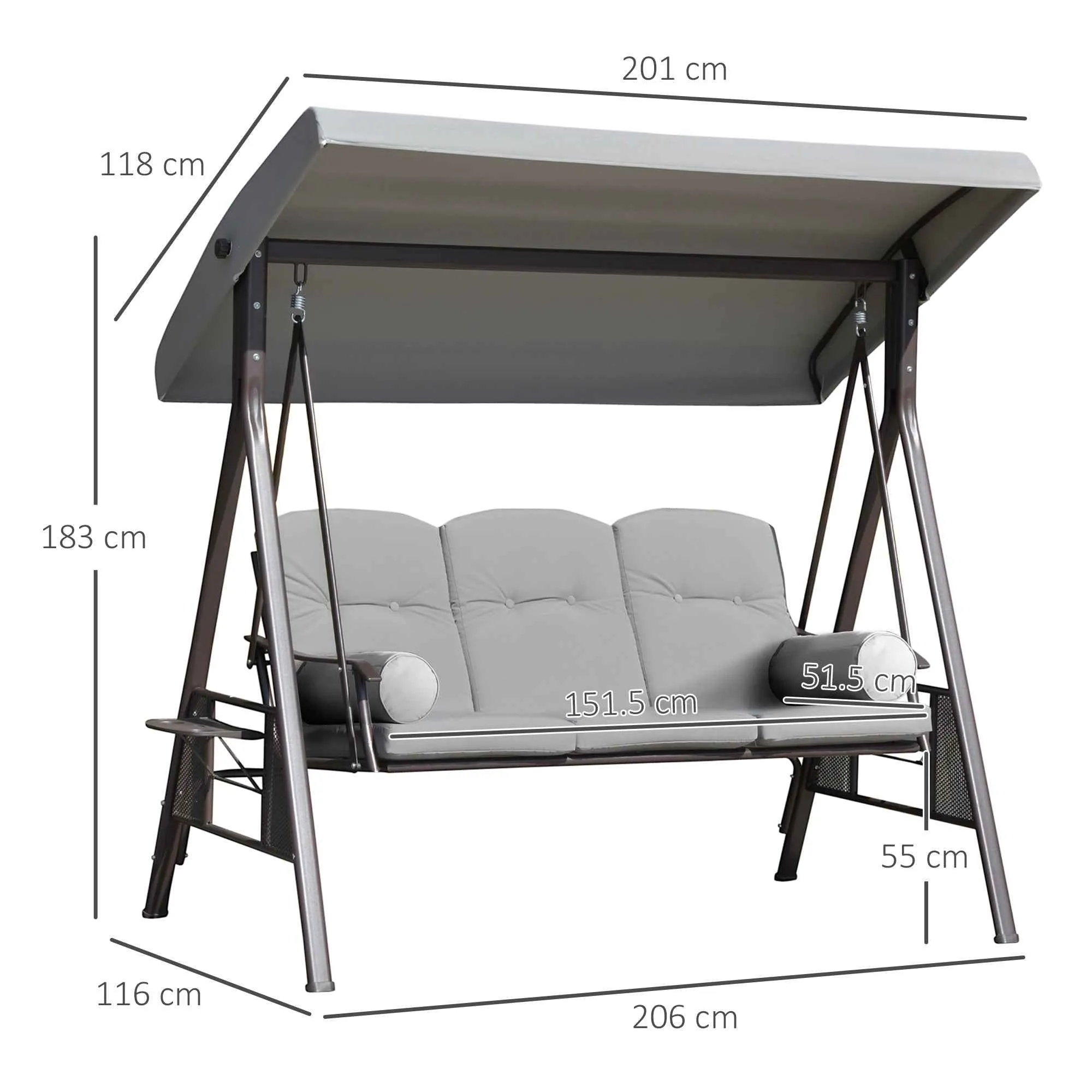 Outsunny 3-Seater Garden Swing with Adjustable Canopy, Cup Holder and Cushions, 208x121x172 cm, Light Grey - Image 3