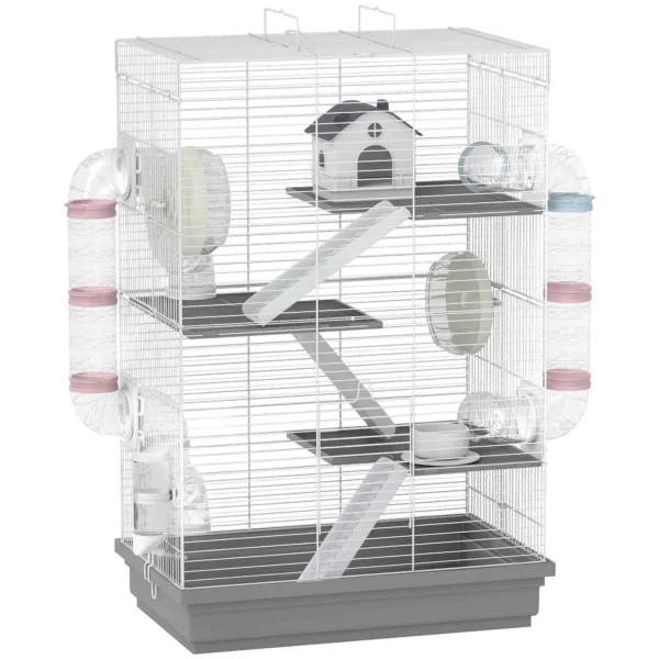 PawHut 4-Tier 16-Tube Hamster Cage with House, Ramp, and Accessories, Metal and Plastic, 47x30x70 cm, Grey