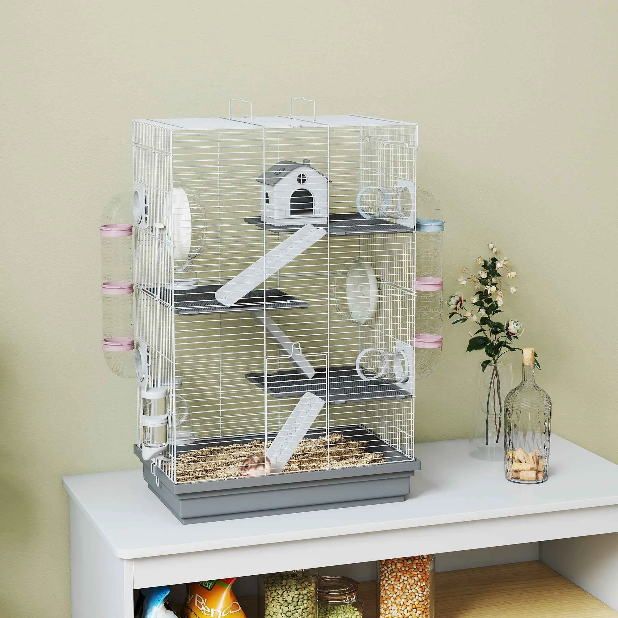 PawHut 4-Tier 16-Tube Hamster Cage with House, Ramp, and Accessories, Metal and Plastic, 47x30x70 cm, Grey - Image 2