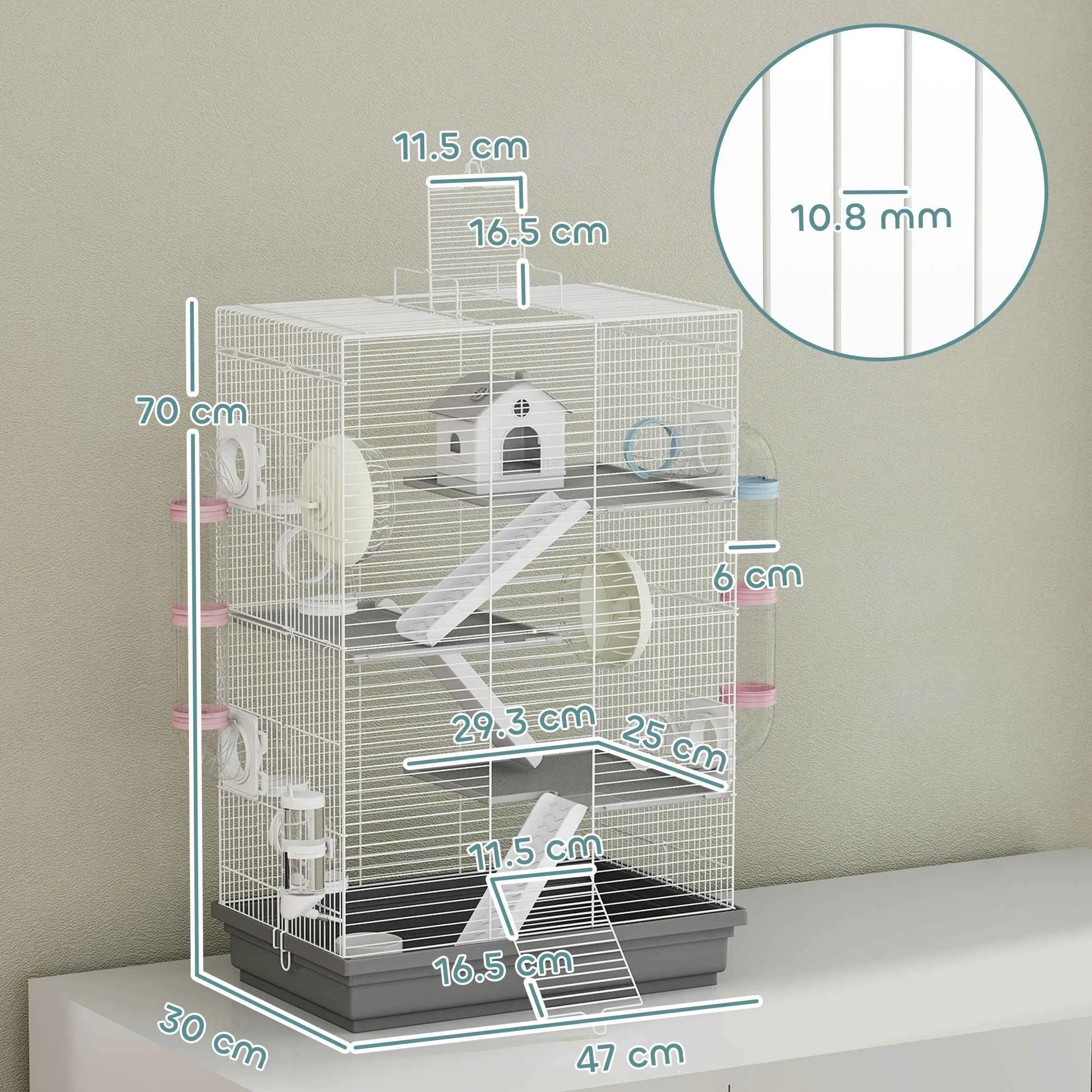 PawHut 4-Tier 16-Tube Hamster Cage with House, Ramp, and Accessories, Metal and Plastic, 47x30x70 cm, Grey - Image 3