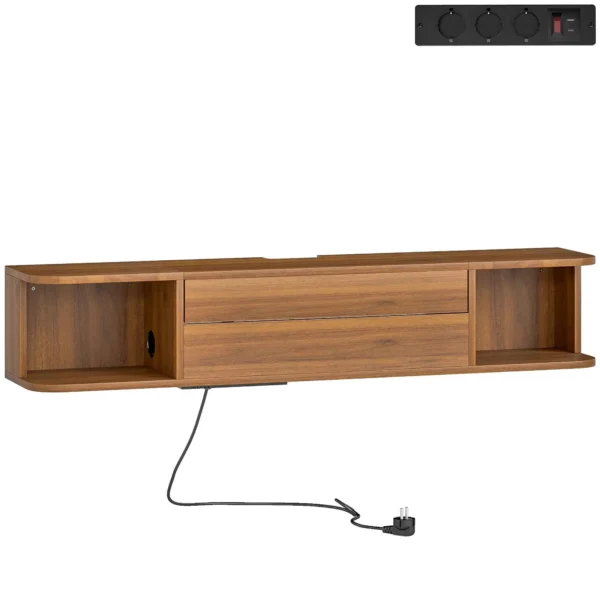 HOMCOM Wall-Mounted TV Stand for up to 50" with Power Sockets, USB and Type-C, Drawer and Shelves, 120x24x22.4 cm, Walnut