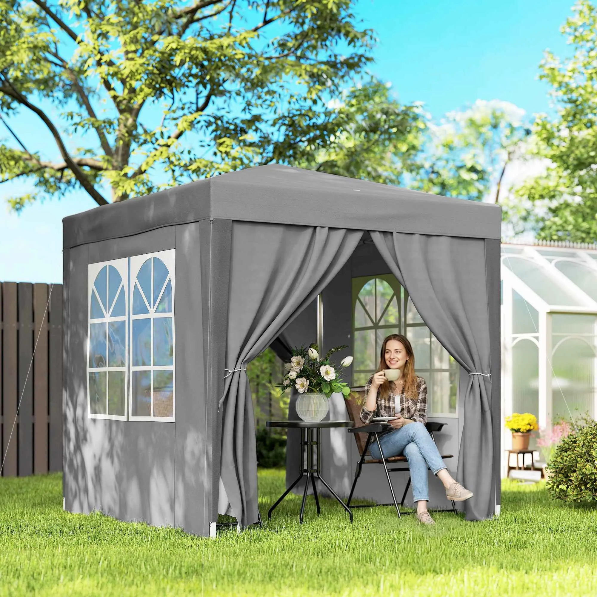 Outsunny 2x2m Folding Gazebo with 4 Removable Metal and Polyester Walls, Grey - Image 2